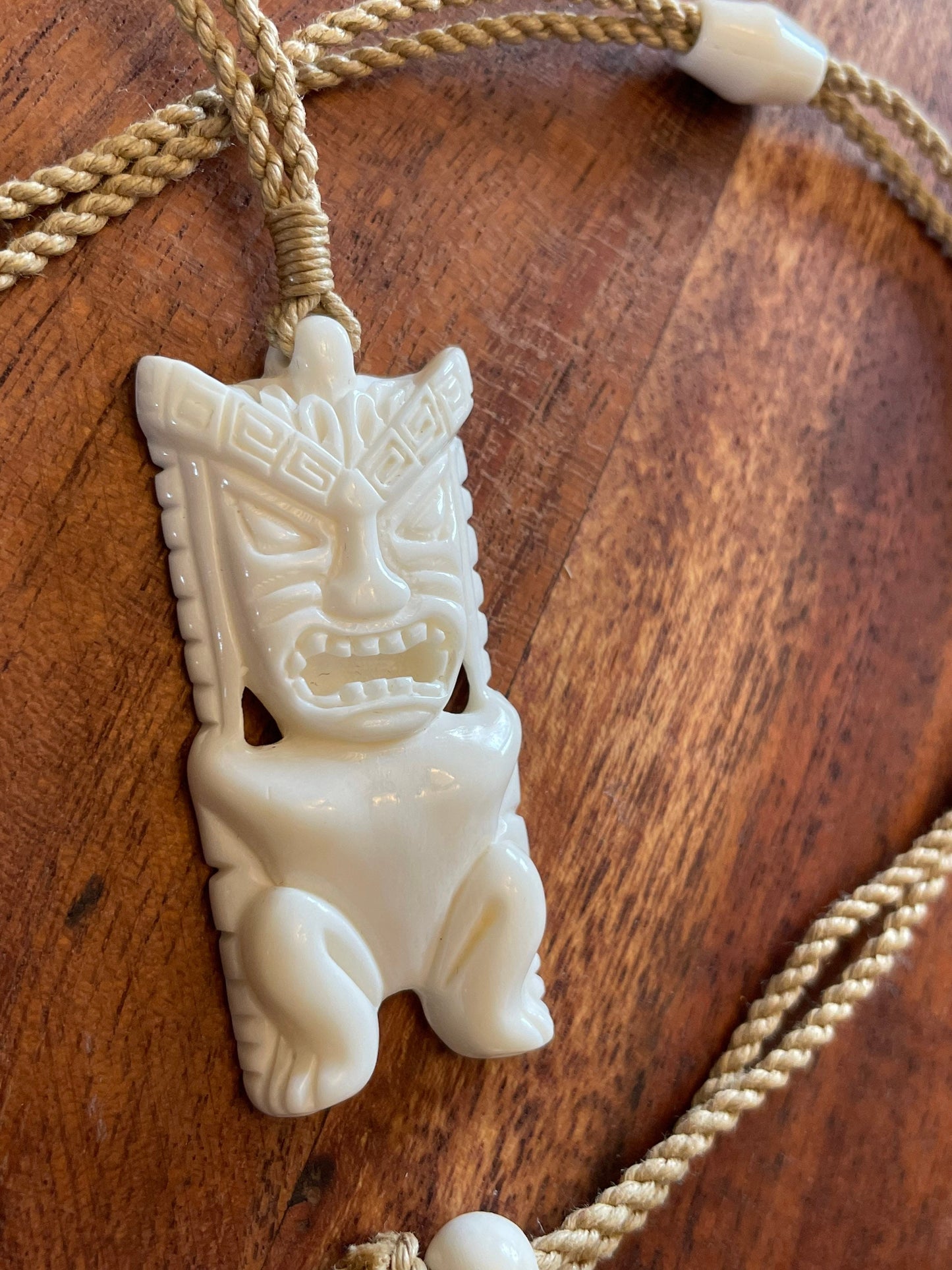 Finely Detailed Polynesian Hand Carved Solid Bone Tiki Adjustable Necklace