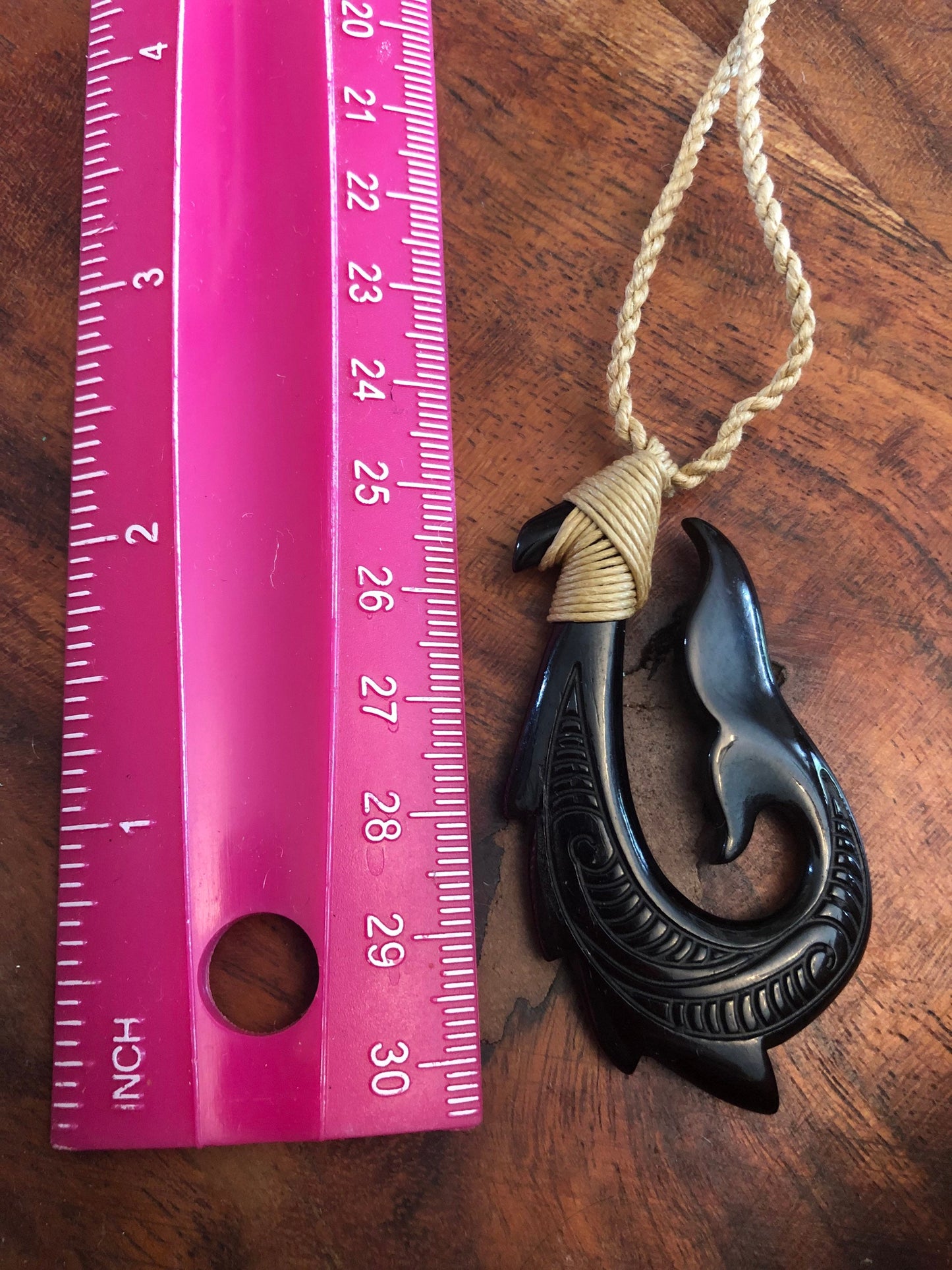 Hand-Carved Buffalo Bone Makau Necklace: Polynesian Fish Hook & Whale Tail