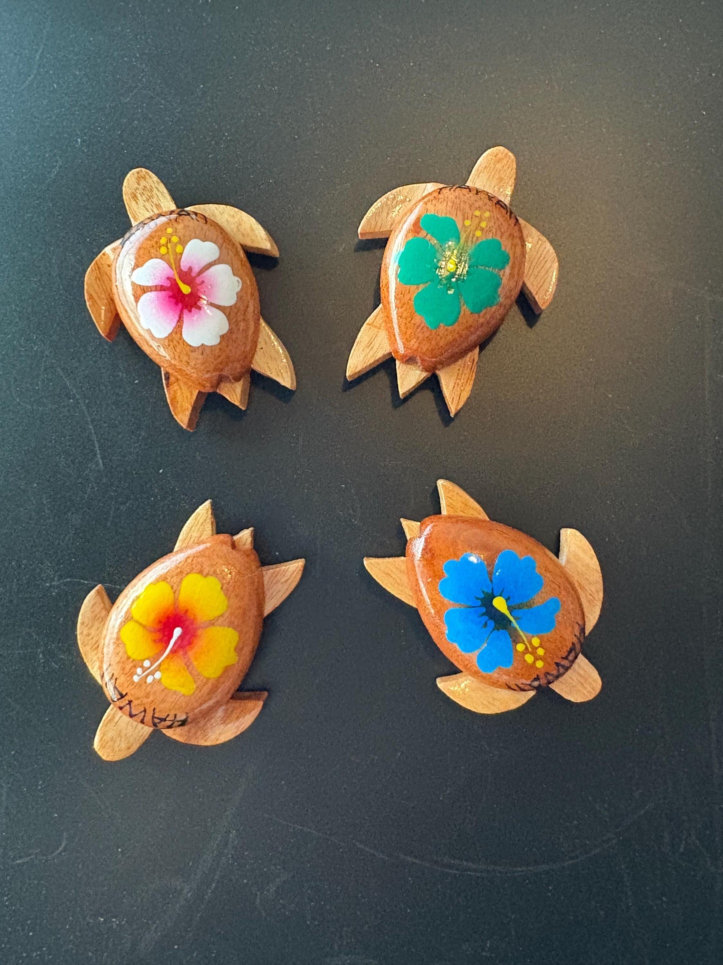 Hand Carved Wood Honu Magnet - Hand Painted Hibiscus, Hawaii Decor