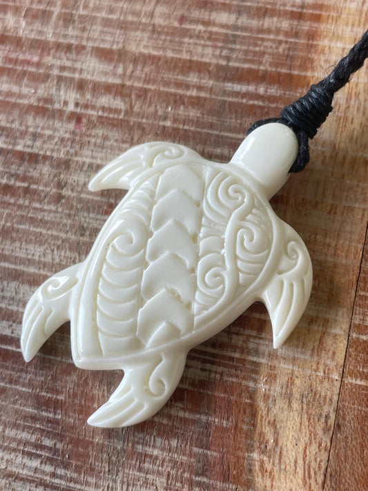Hand Carved Buffalo Bone Sea Turtle Pendant – Adjustable Boho Necklace