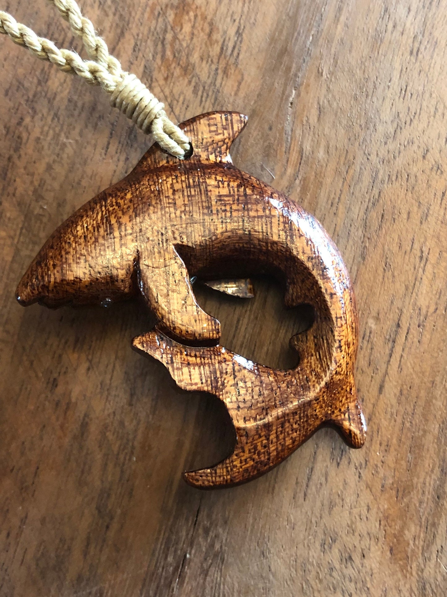 Oceanic Wildlife Art- Solid Koa Wood Handcarved Shark Adjustable Necklace