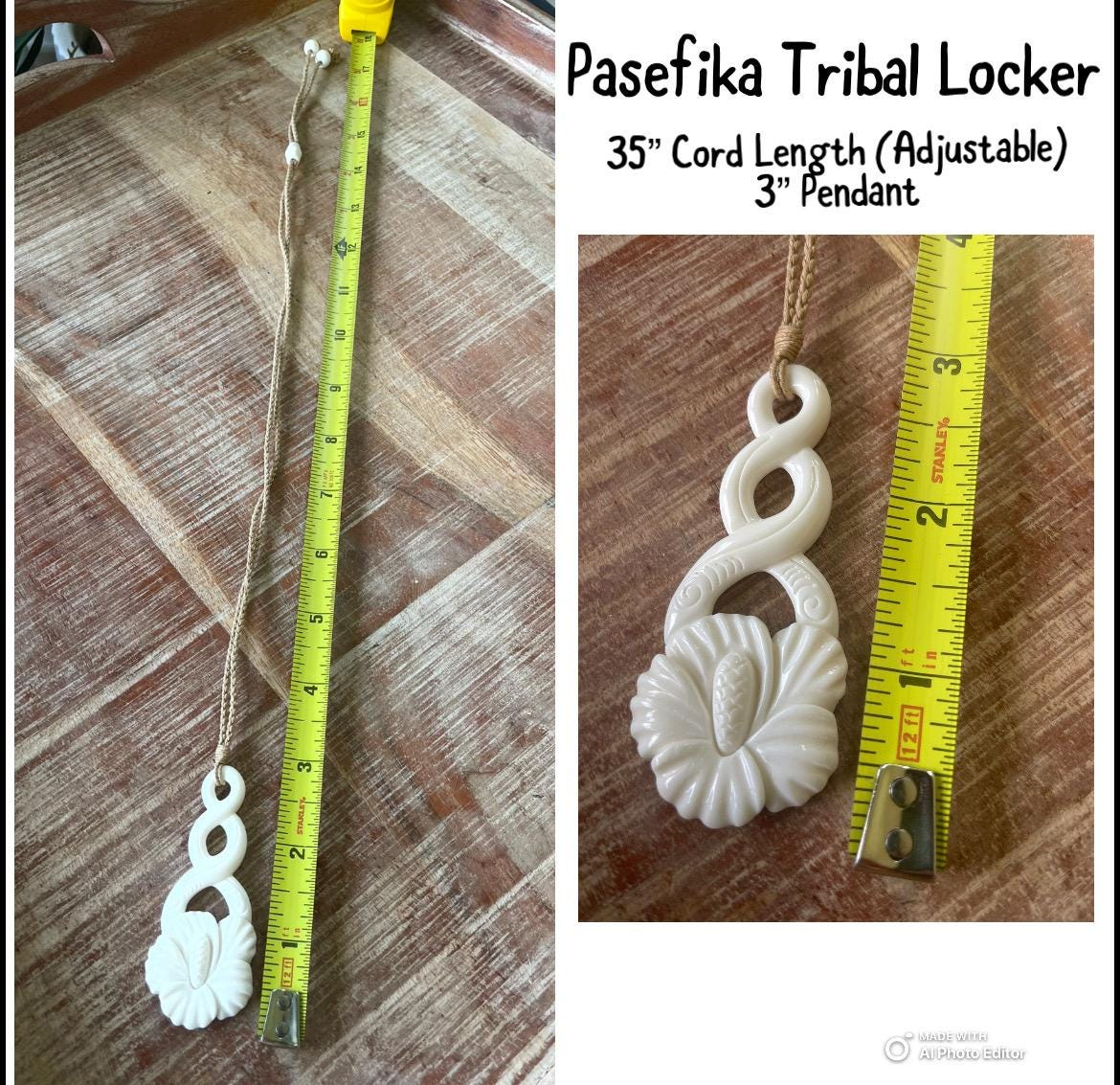 Hand Carved Bone Hibiscus Pendant Necklace - Adjustable Cord, Polynesian Jewelry
