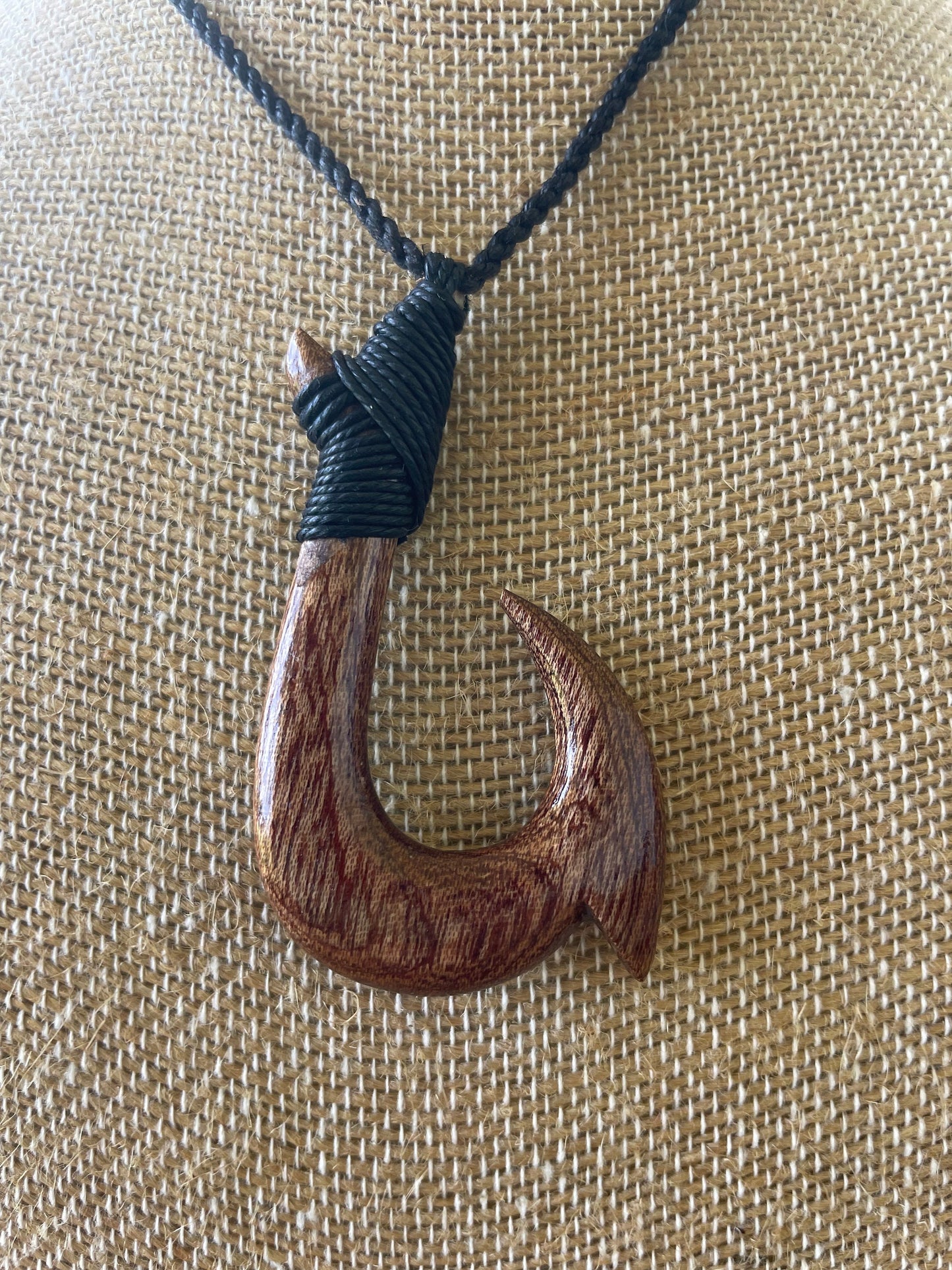 Handsomely Hand Carved Koa Wood Hawaiian Makau (Fish Hook) Necklace with Traditional Polynesian Designs. Adjustable Surfer Cord for Anyone