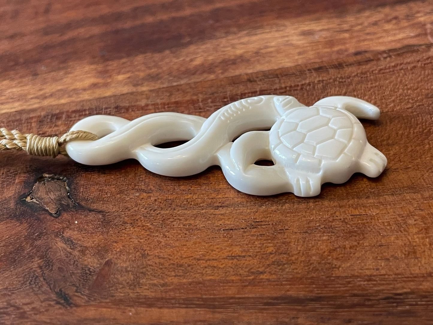 Hand Carved Buffalo Bone Turtle Pikorua Necklace, Adjustable Length