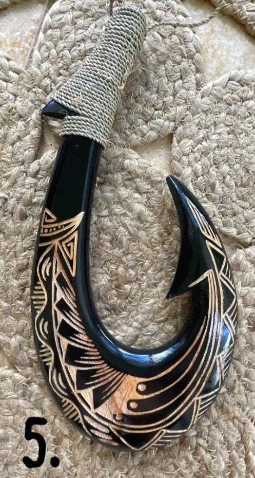 Handmade Polynesian Fish Hook Wall Decor – Engraved Hei Makau