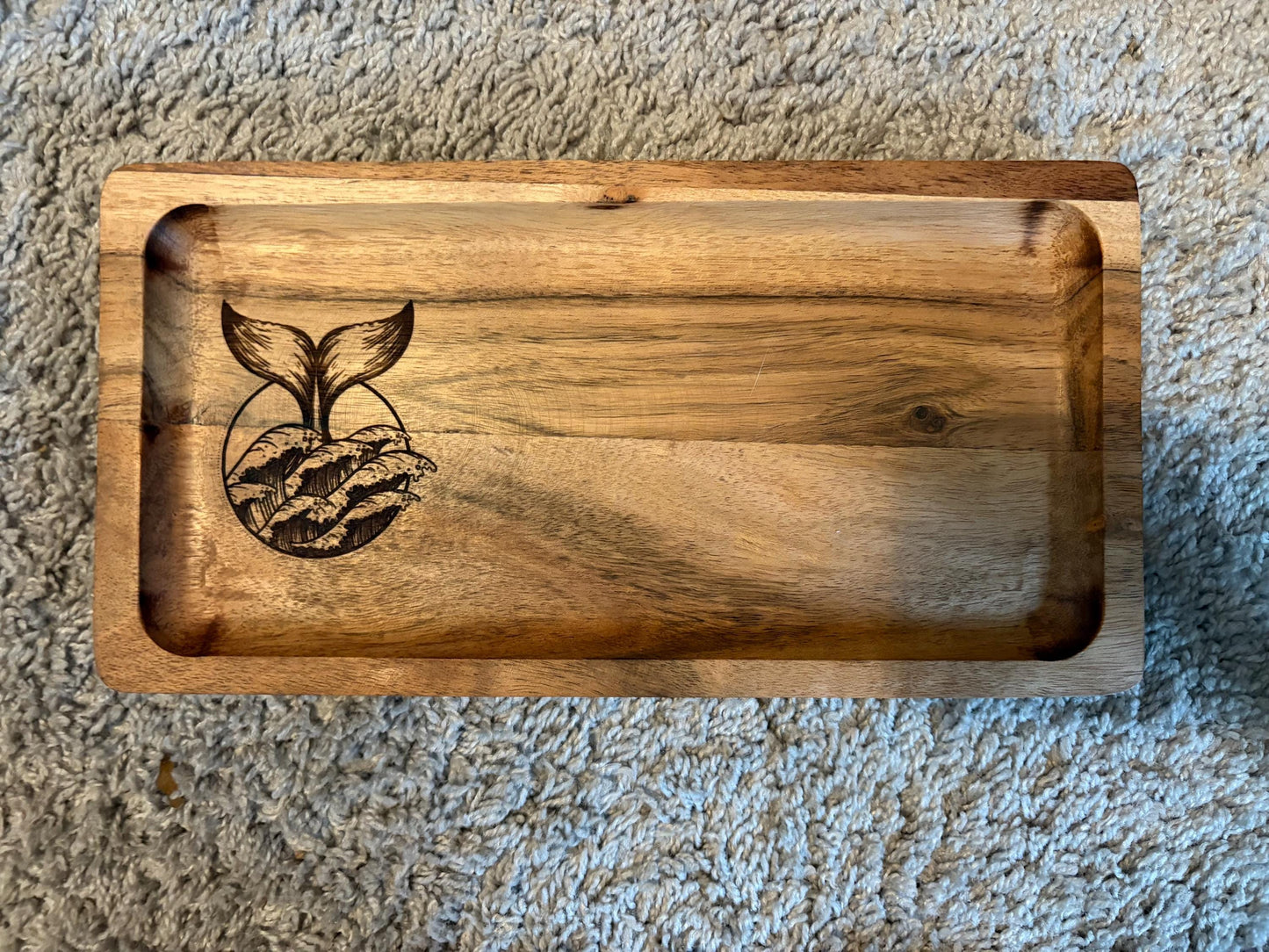 Whale Fin Teak Tray: Beautifully Engraved Wood Dish