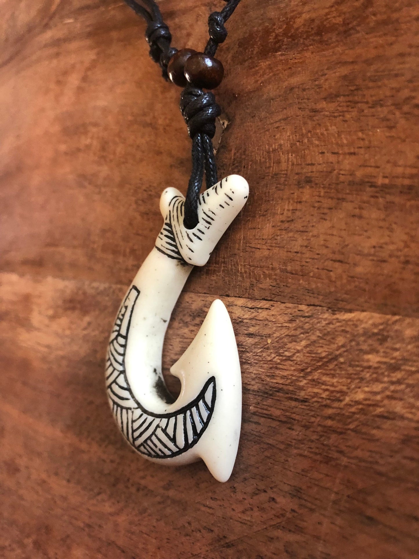 Buffalo Bone Makau Necklace: Polynesian Fish Hook, Adjustable Boho Surfer Style