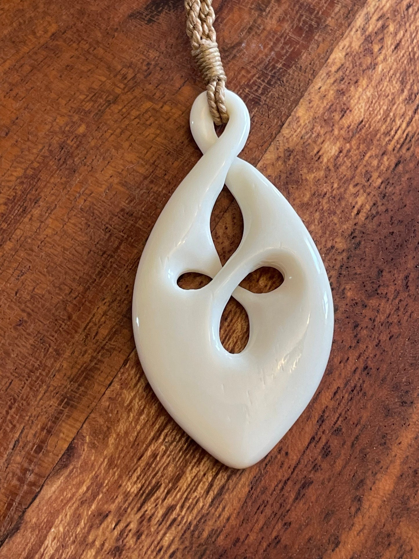 Unique Traditional Polynesian Hand Carved Solid Bone Pikura (Infinity Friends) Adjustable Necklace