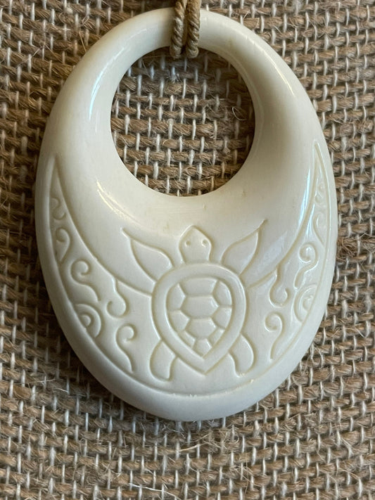Solid Bone Handcarved Pendant with Sea Turtle, Honu, Engraved - Polynesian Beachy Boho Adjustable Necklace
