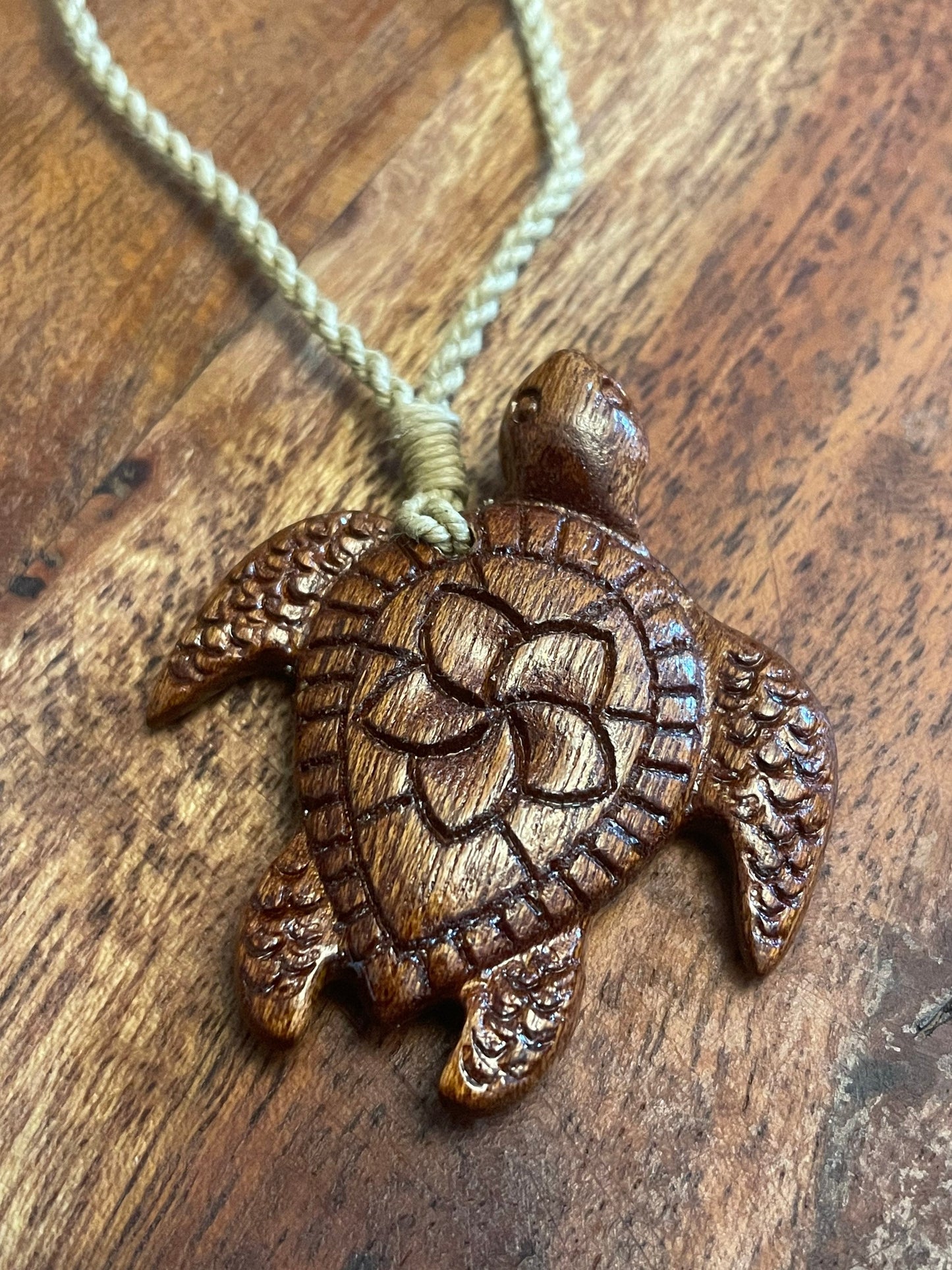 Hand Carved Koa Wood Sea Turtle Necklace - Plumeria Honu Pendant