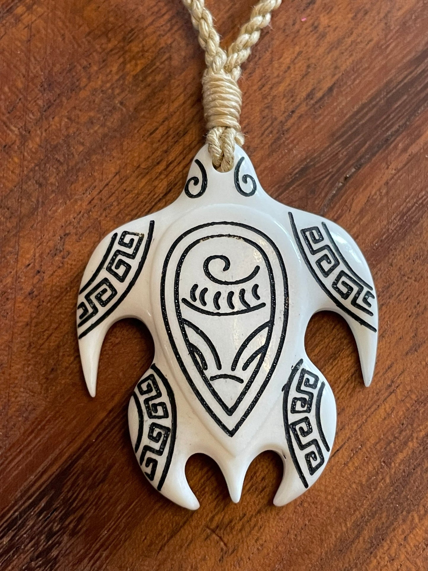Hand Carved Bone Sea Turtle Necklace, Polynesian Art