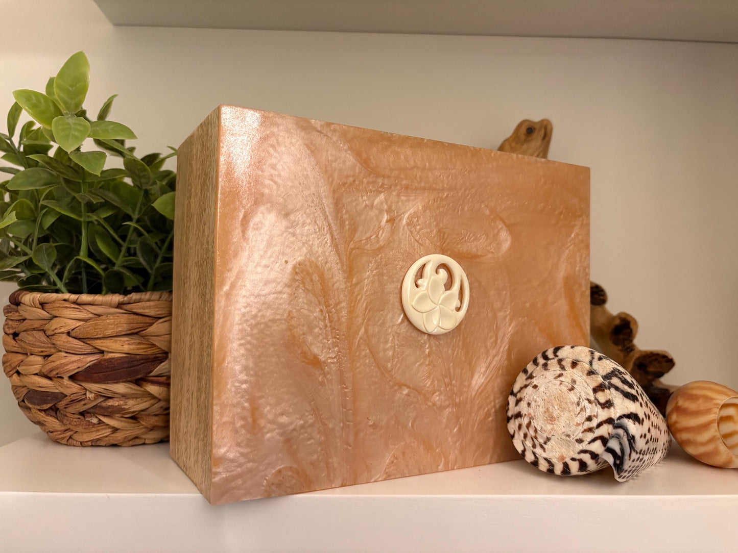 Hand-Crafted Polynesian Trinket Box: Faux Shell Inlay, Bone Koru Decor