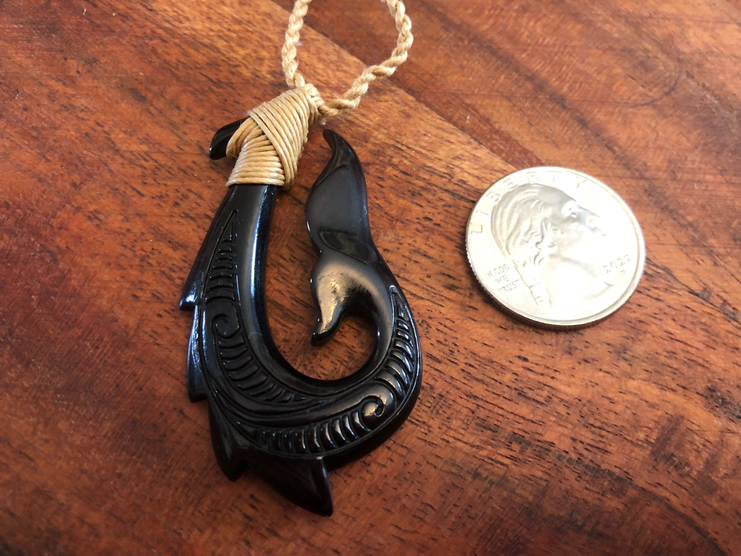 Hand-Carved Buffalo Bone Makau Necklace: Polynesian Fish Hook & Whale Tail