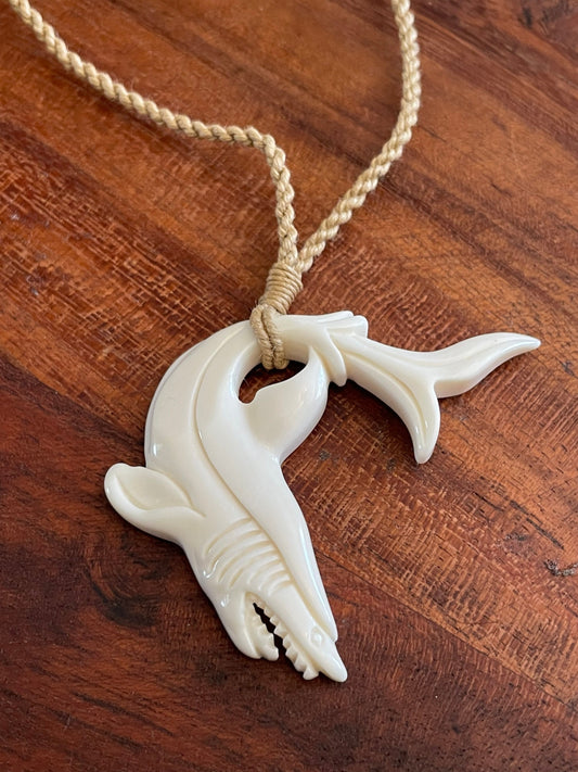 Hand Carved Buffalo Bone Shark Necklace – Polynesian Surfer Cord Pendant