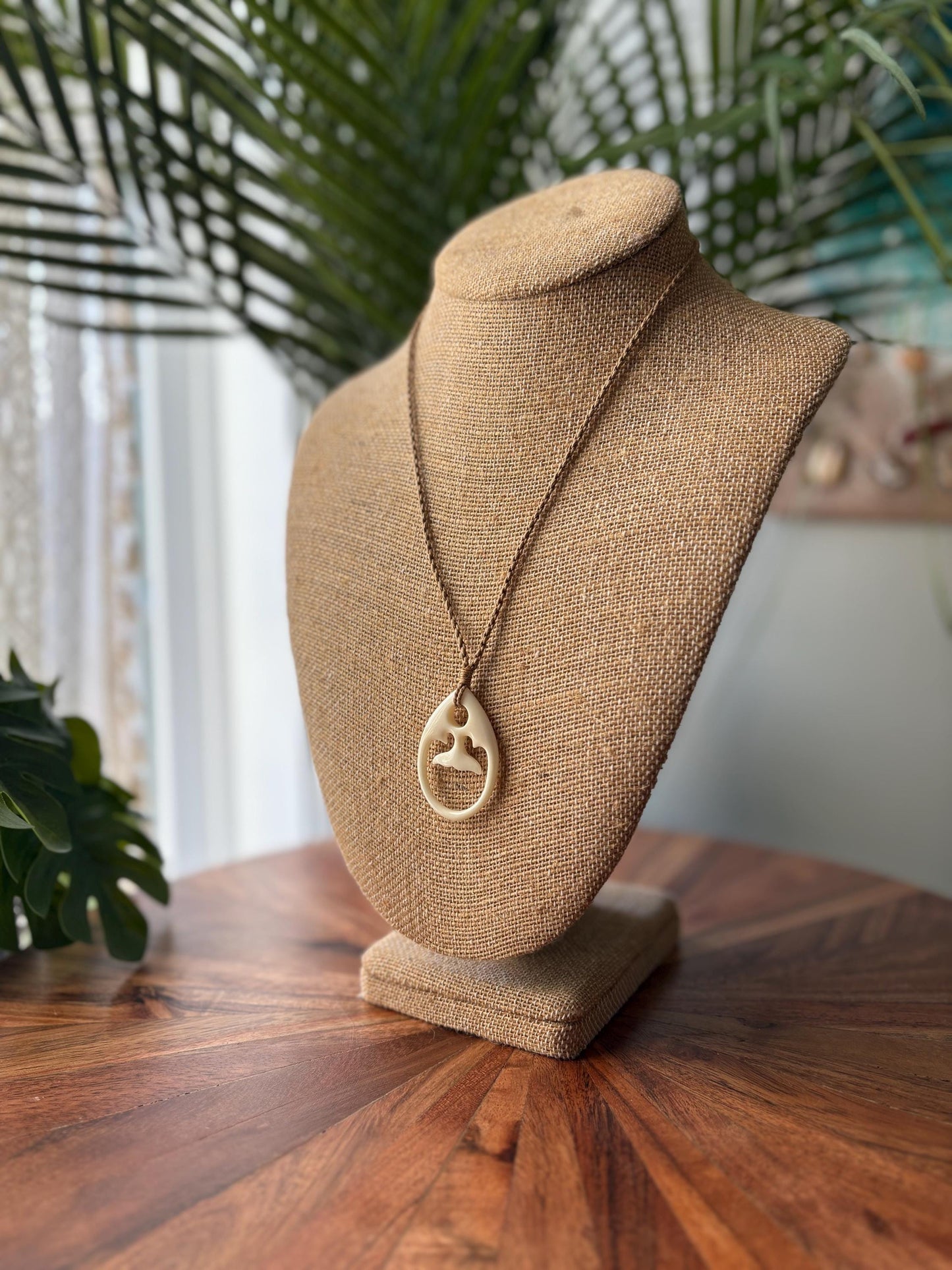 Solid Buffalo Bone Hand Carved Whale Tail Adjustable Pendant and Surfer Cord Necklace