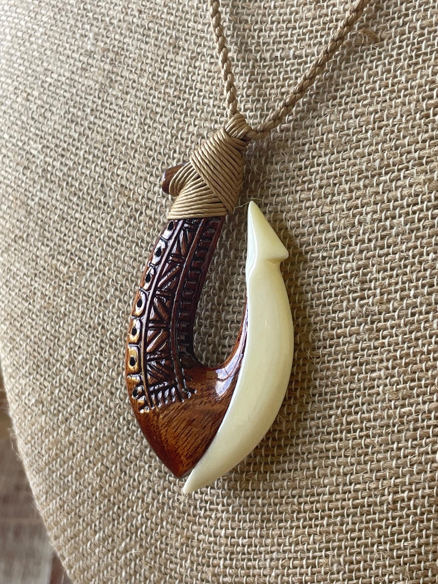 Handcarved Bone & Koa Wood Makau Necklace – Adjustable Cord