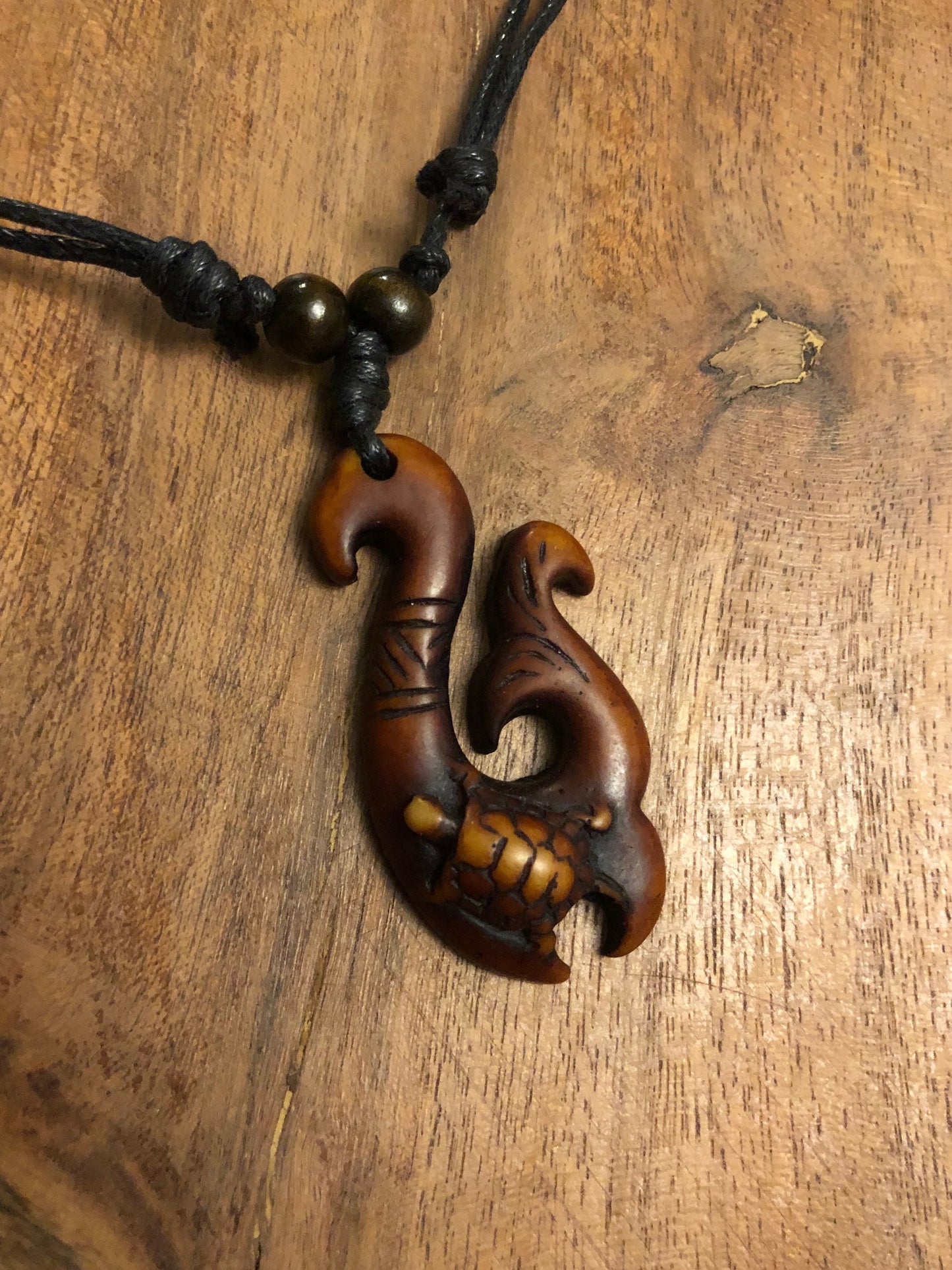 Polynesian Fish Hook Necklace, Buffalo Bone & Resin Honu Turtle Pendant