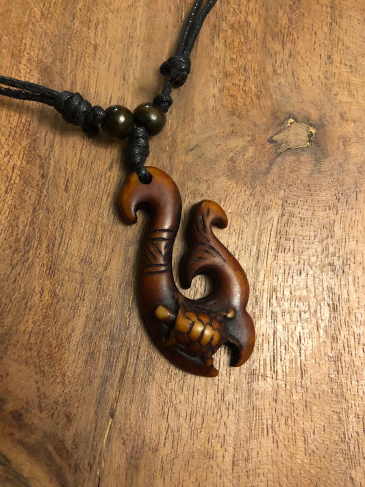 Polynesian Fish Hook Necklace, Buffalo Bone & Resin Honu Turtle Pendant