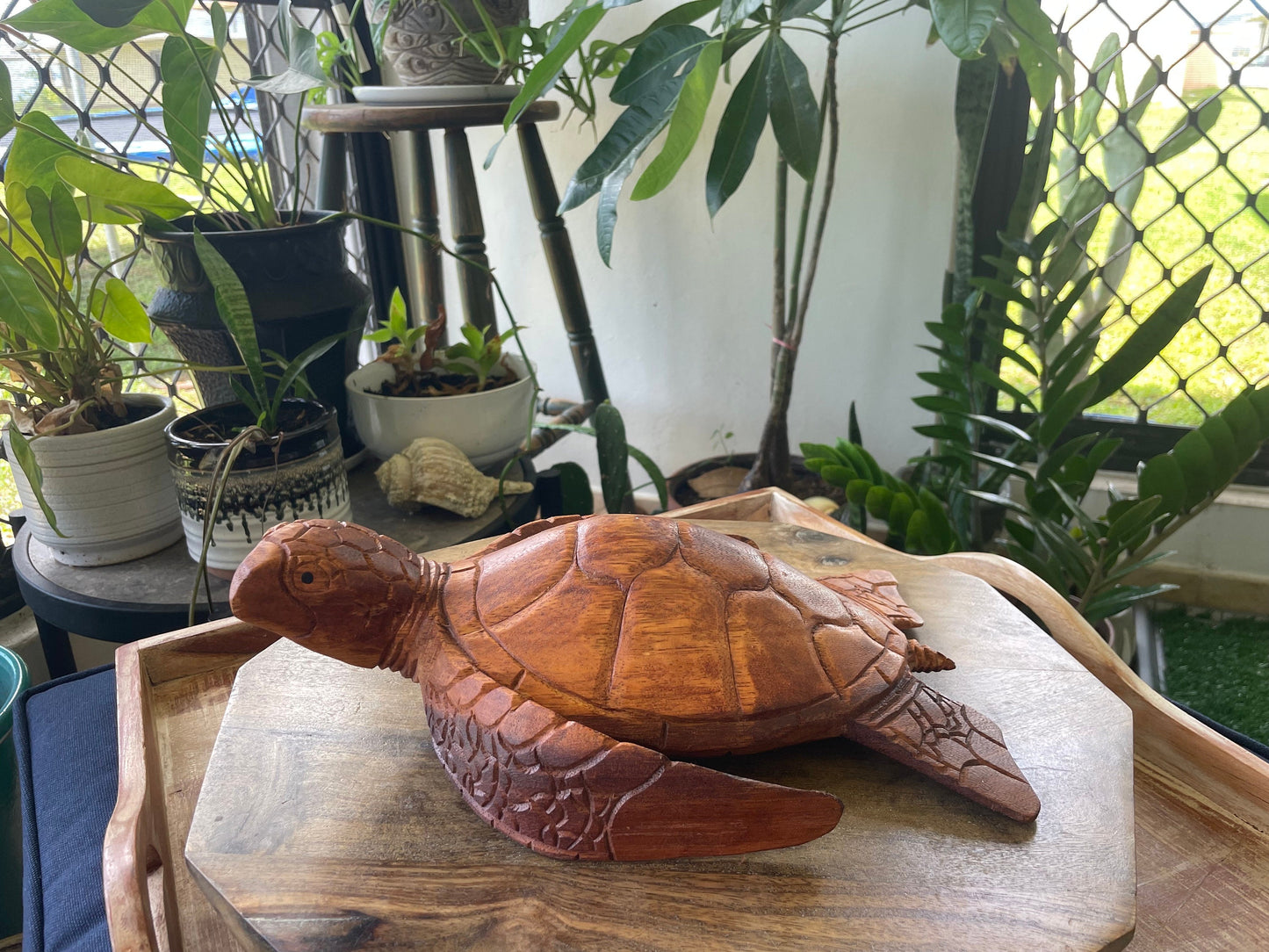 Hand Carved Hibiscus Wood Sea Turtle: Nautical Home Decor (8.5-10" Long)