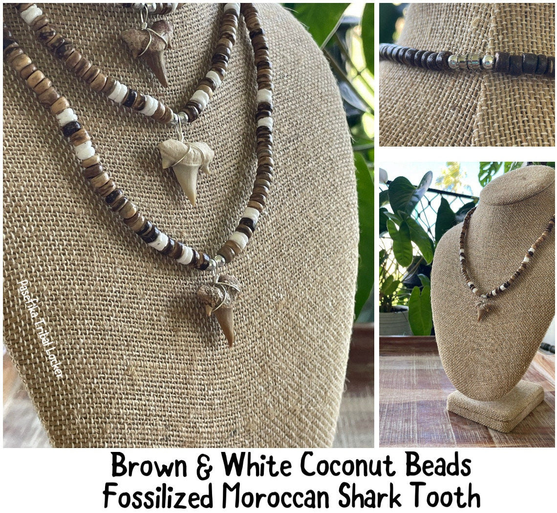 Authentic Mako & Fossilized Moroccan Shark Tooth Necklaces on Coconut Beaded Necklaces with Silver Clasp
