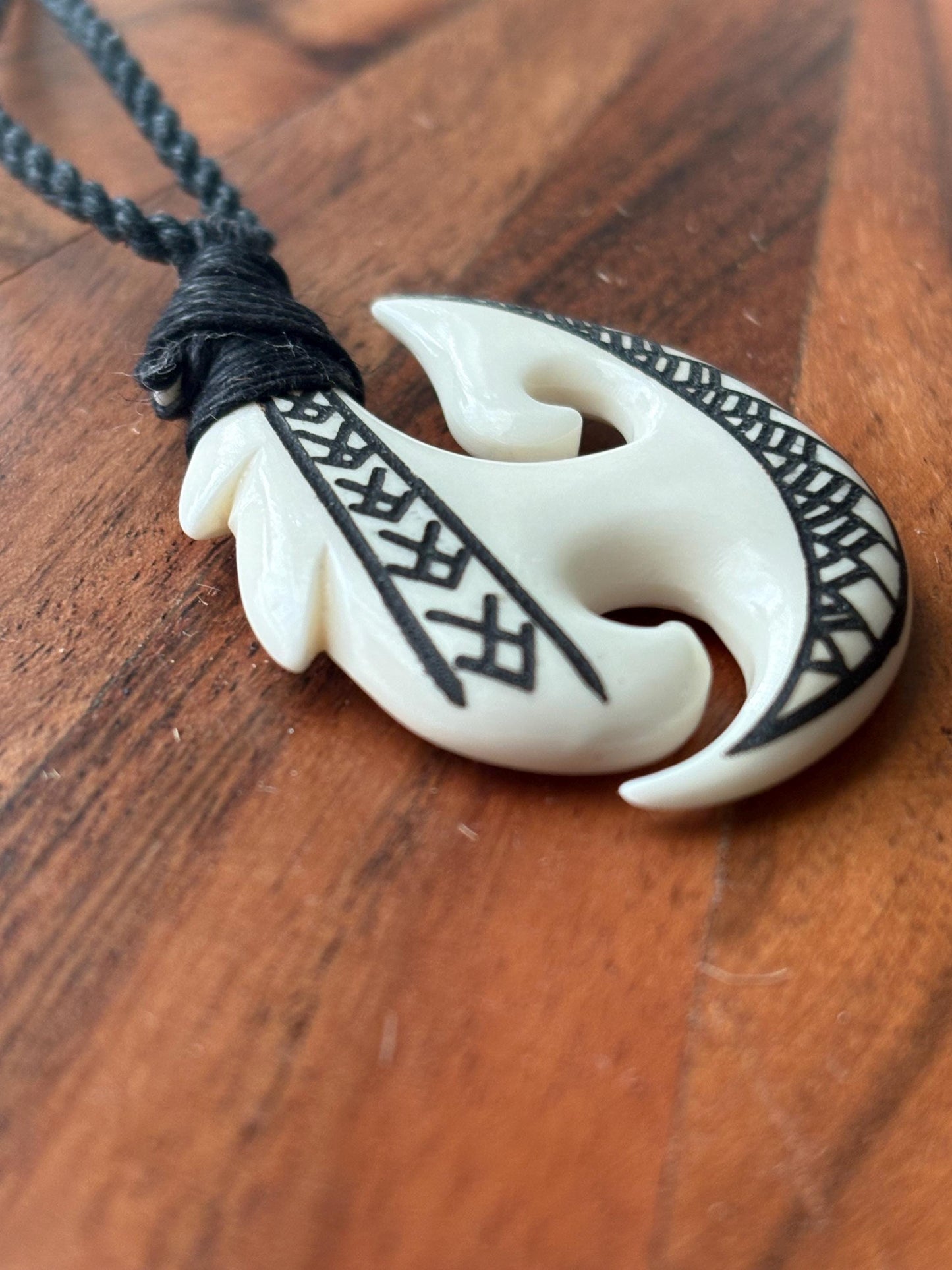 Hand Carved Buffalo Bone Makau Fish Hook Necklace Engraved with Pasefika Symbolism