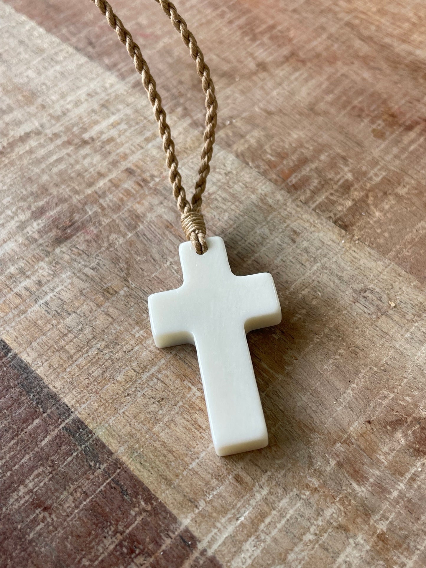 Christian Bone and Abalone Shell Cross Adjustable Necklace Polynesian Handcrafted Surfer Style