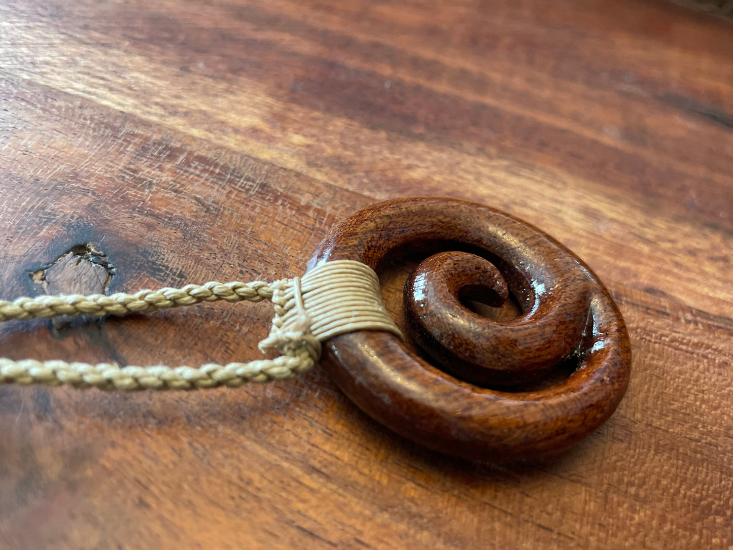 Never Give Up- Polynesian Koru- Solid Koa Wood Hand Carved Adjustable Necklace