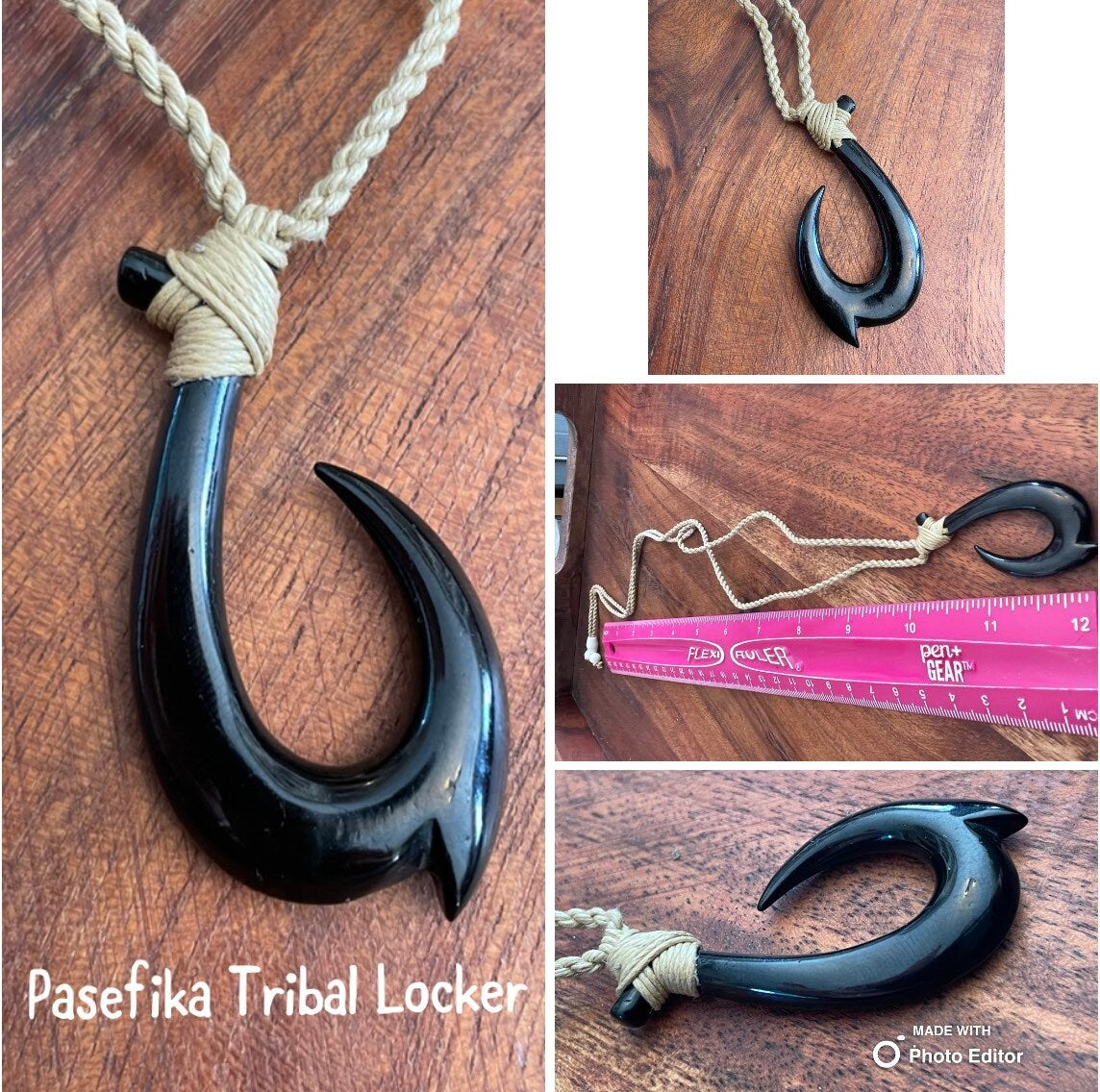 Hand Carved Buffalo Bone Hei Makau Necklace - Micronesian/ Polynesian Fish Hook Pendant