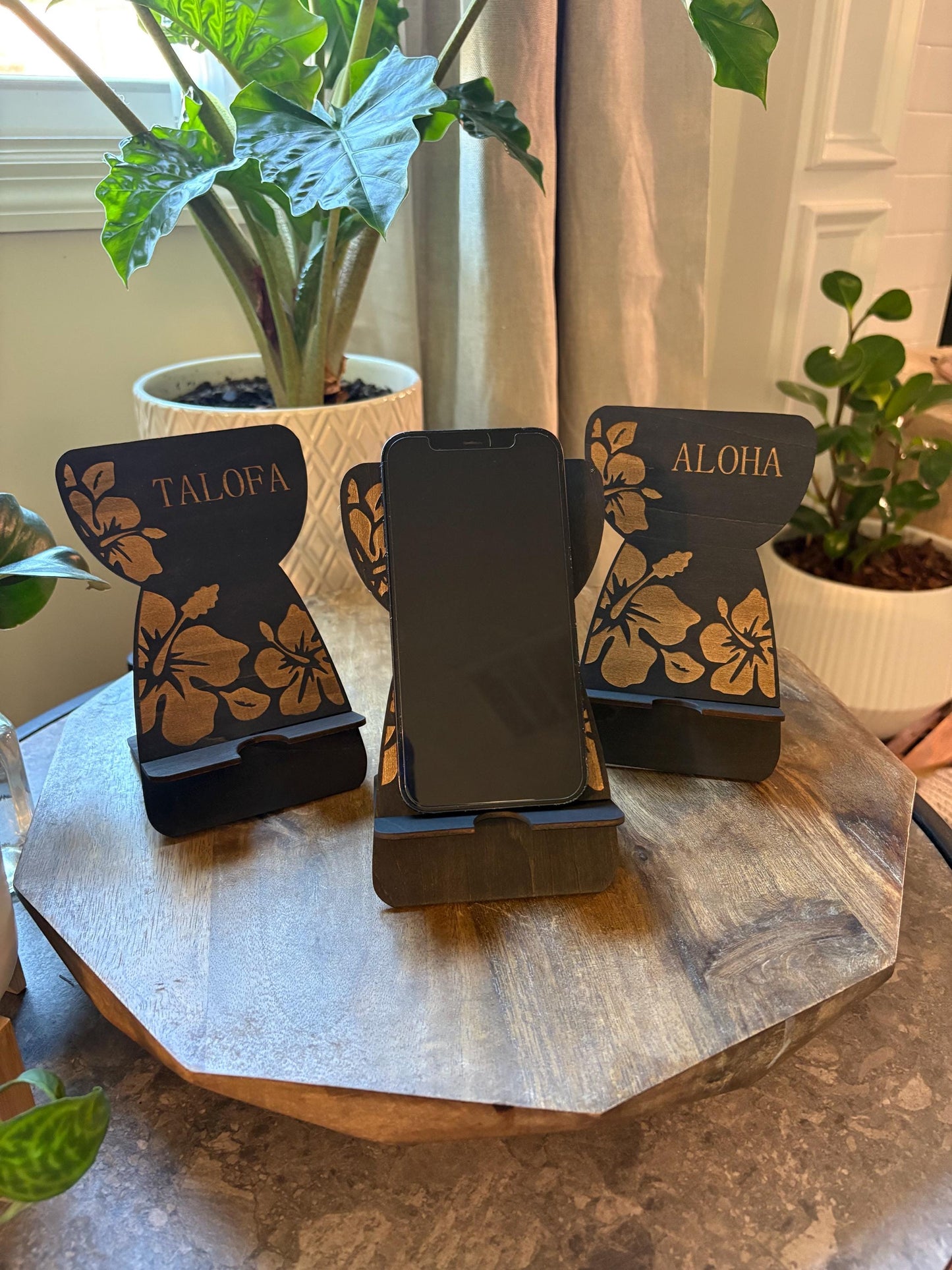 Customizable Micronesian, Polynesian Latte Stone Cell Phone Holder: Engraved Hibiscus Design