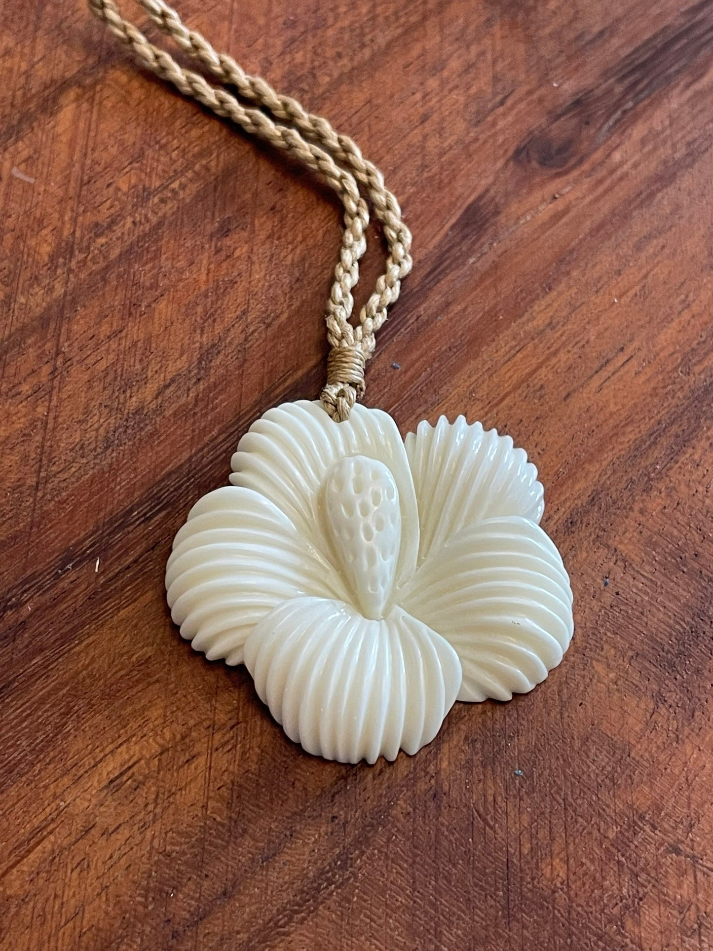 Hand Carved Bone Hibiscus Pendant: Polynesian Boho Necklace