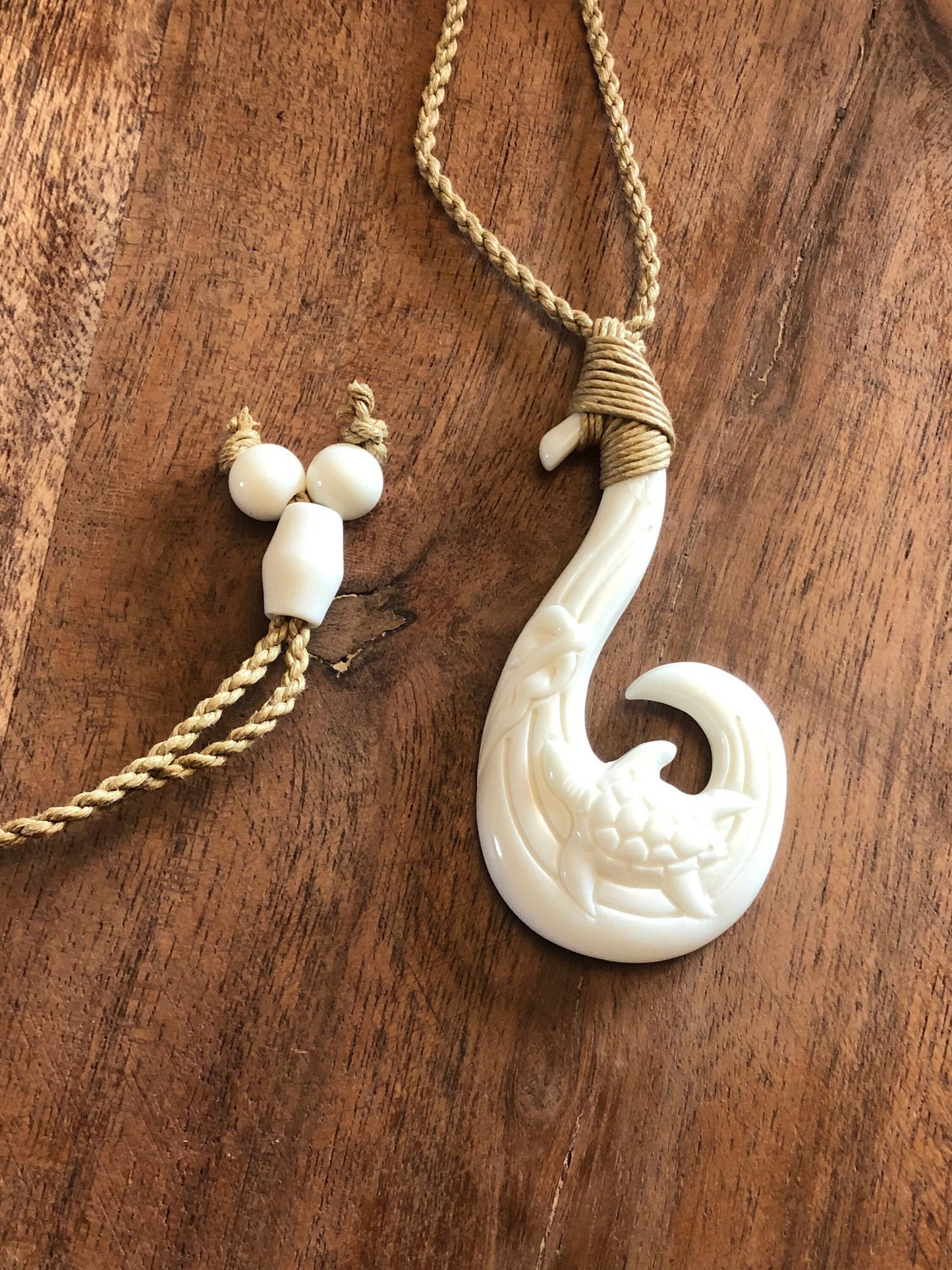 Hand Carved Buffalo Bone Fish Hook Necklace - Honu Sea Turtle Makau