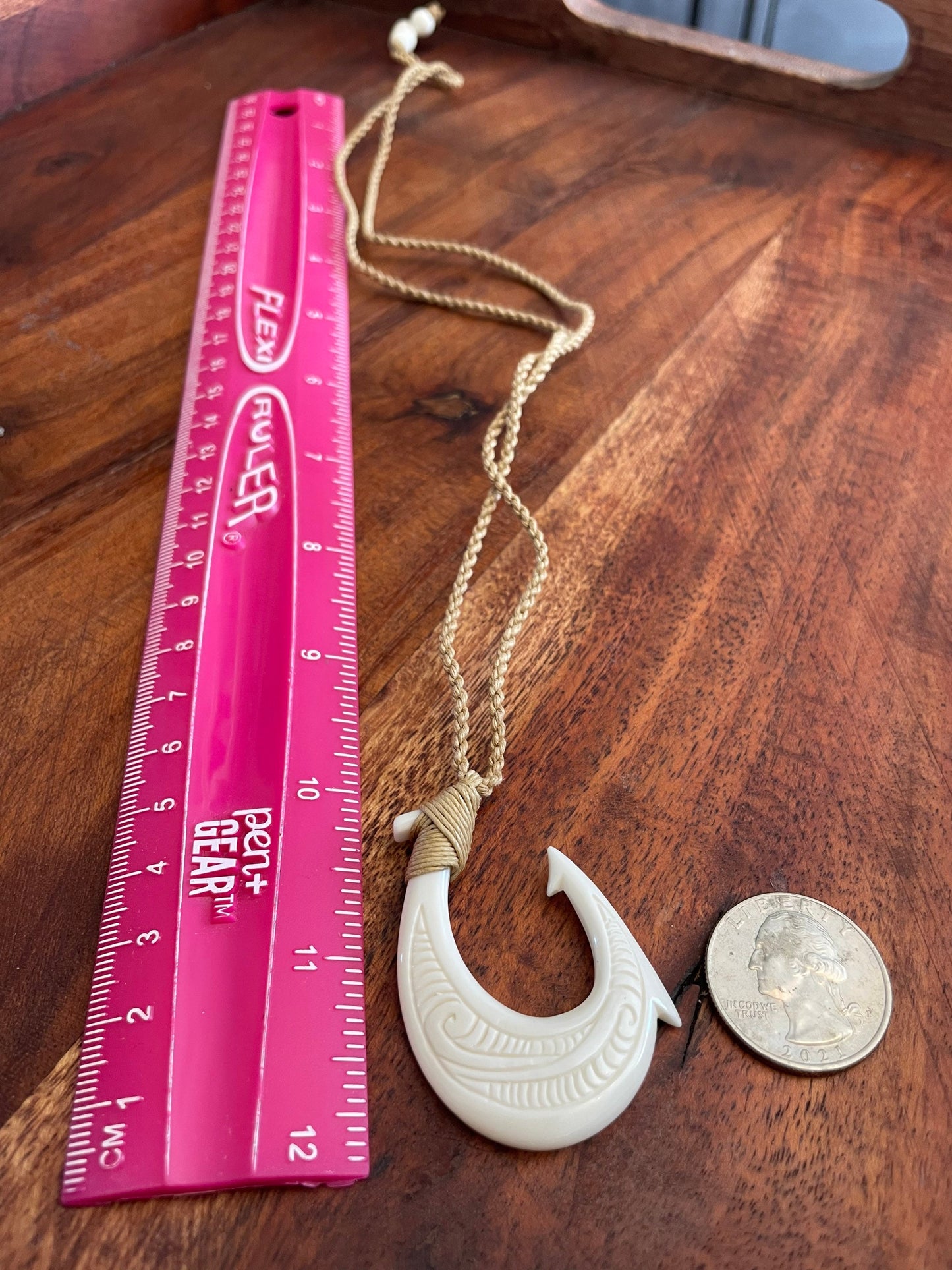 Hand Carved Buffalo Bone Fish Hook Necklace, Hei Makau Koru