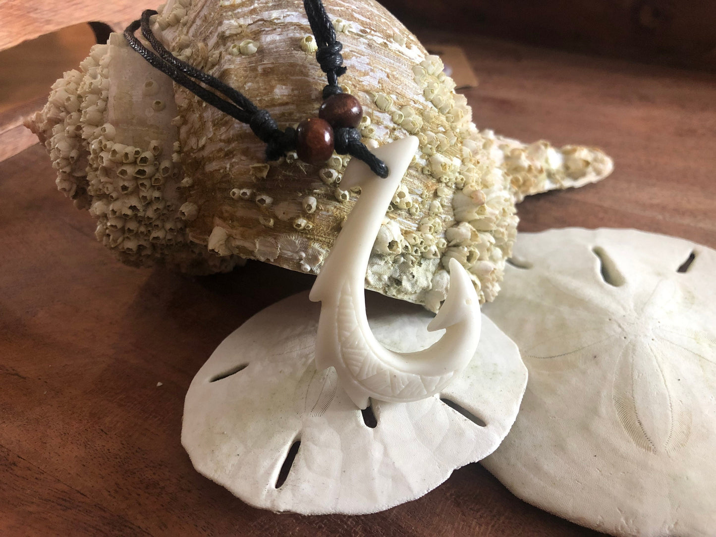 Polynesian Makau Fish Hook Necklace, White Bone Resin, Adjustable Boho Surfer Style