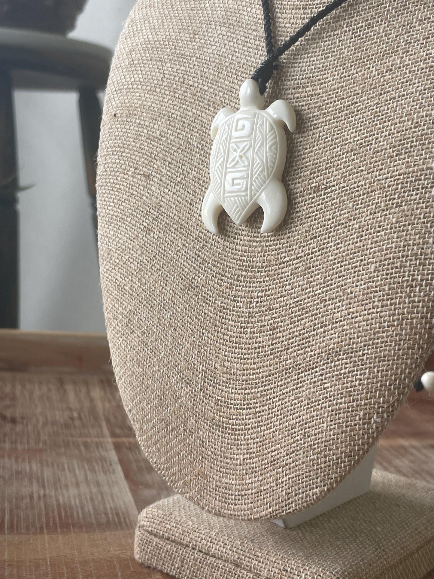 Hand Carved Buffalo Bone Sea Turtle Pendant - Adjustable Boho Necklace