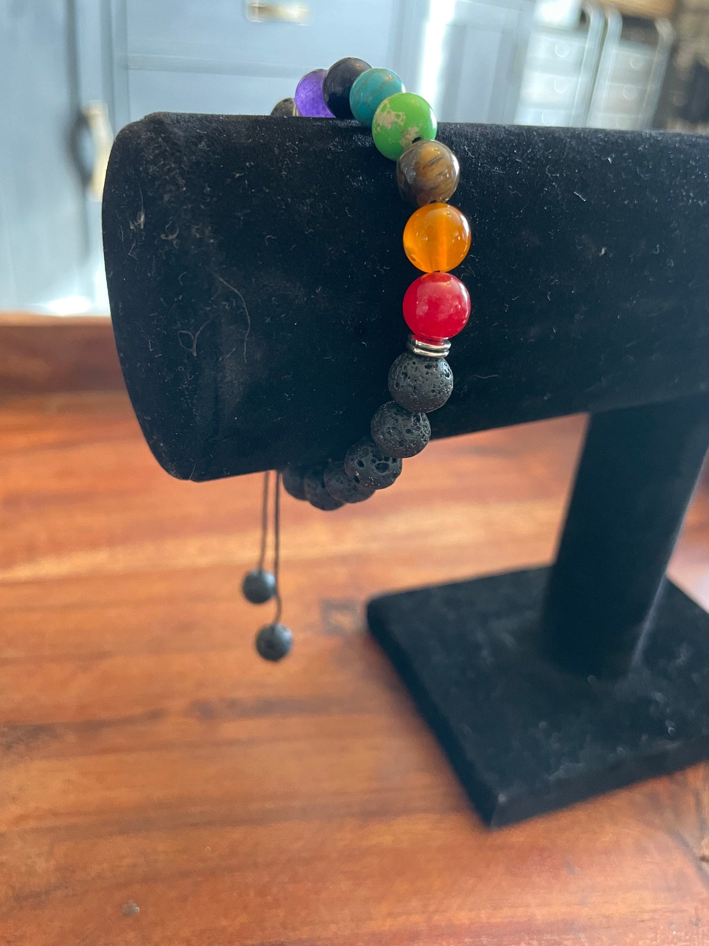 Adjustable REAL Porous Chakra Lava Bead Bracelet with Traditional Square Knot Design