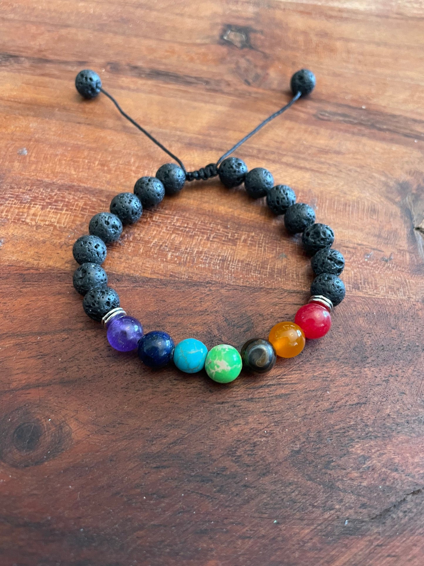 Adjustable REAL Porous Chakra Lava Bead Bracelet with Traditional Square Knot Design