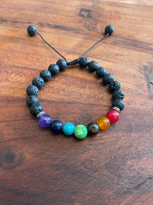 Adjustable REAL Porous Chakra Lava Bead Bracelet with Traditional Square Knot Design
