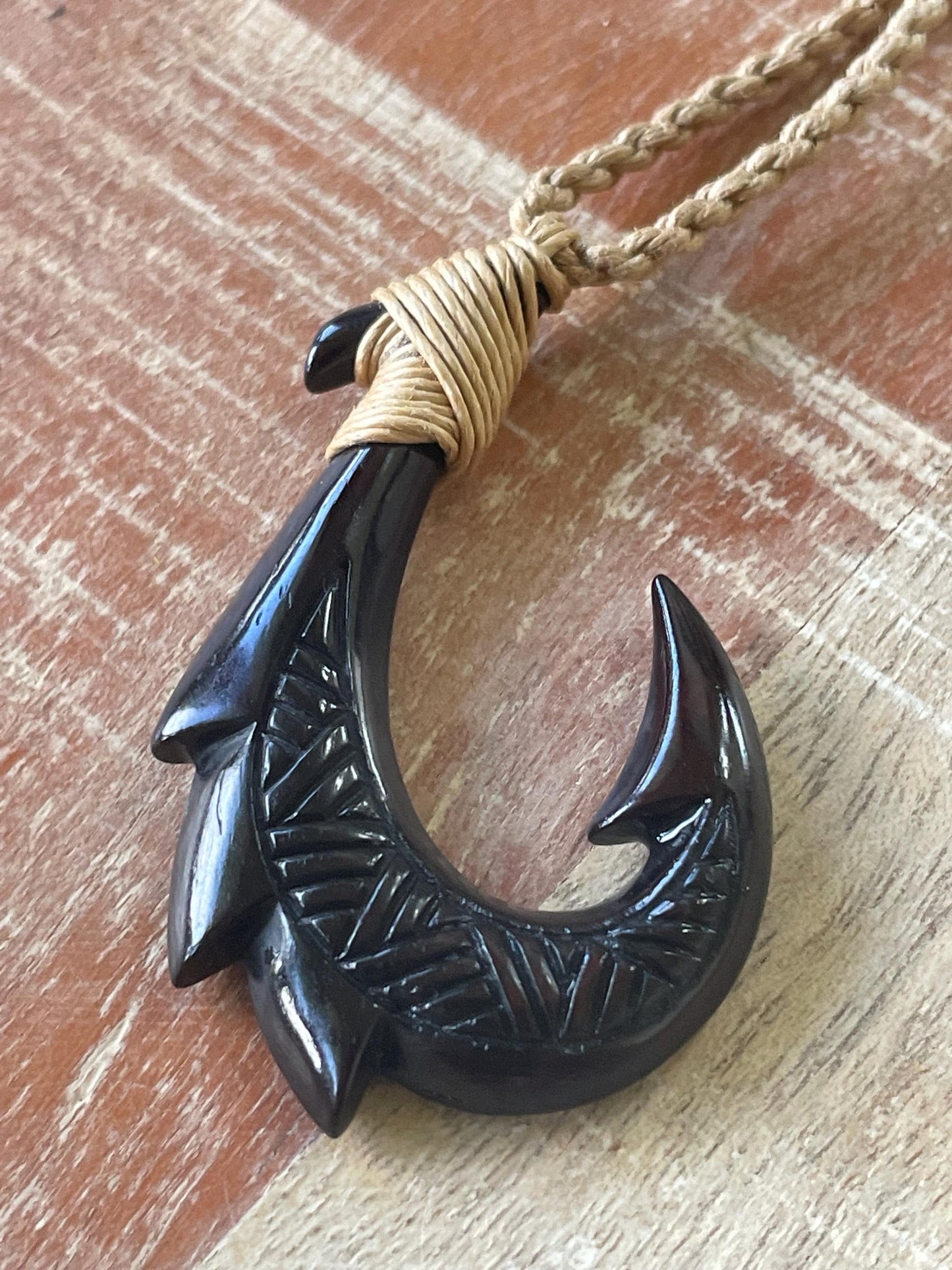 34” Solid Black Horn Handcarved Makau (Fish Hook) Necklace - Adjustable Surfer Cord