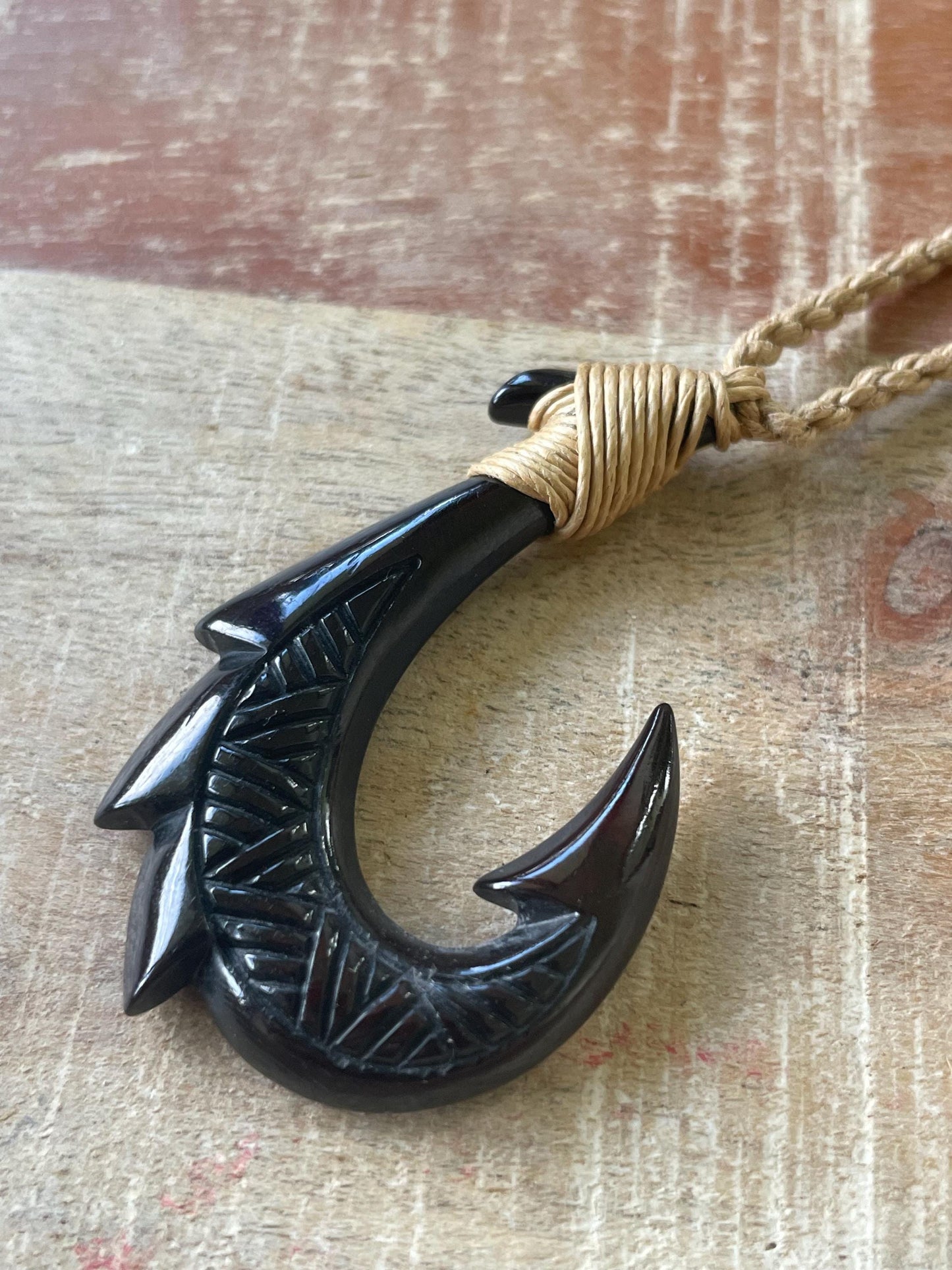 34” Solid Black Horn Handcarved Makau (Fish Hook) Necklace - Adjustable Surfer Cord