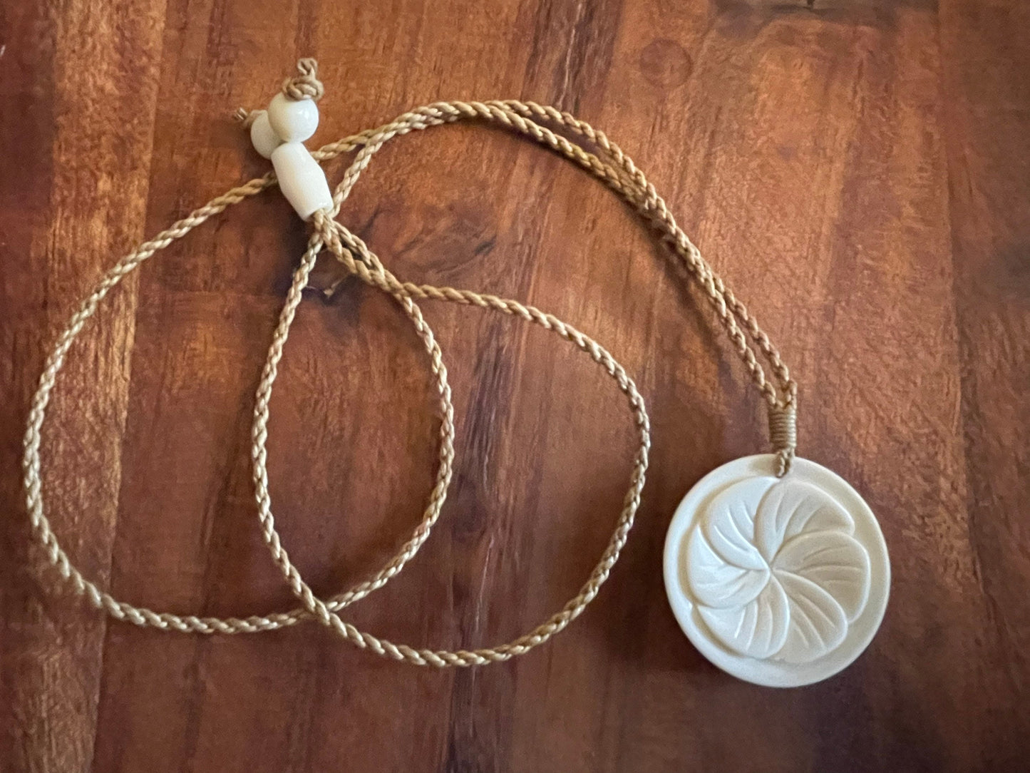 Hand Carved Buffalo Bone Plumeria Necklace, Hawaiian Boho Jewelry