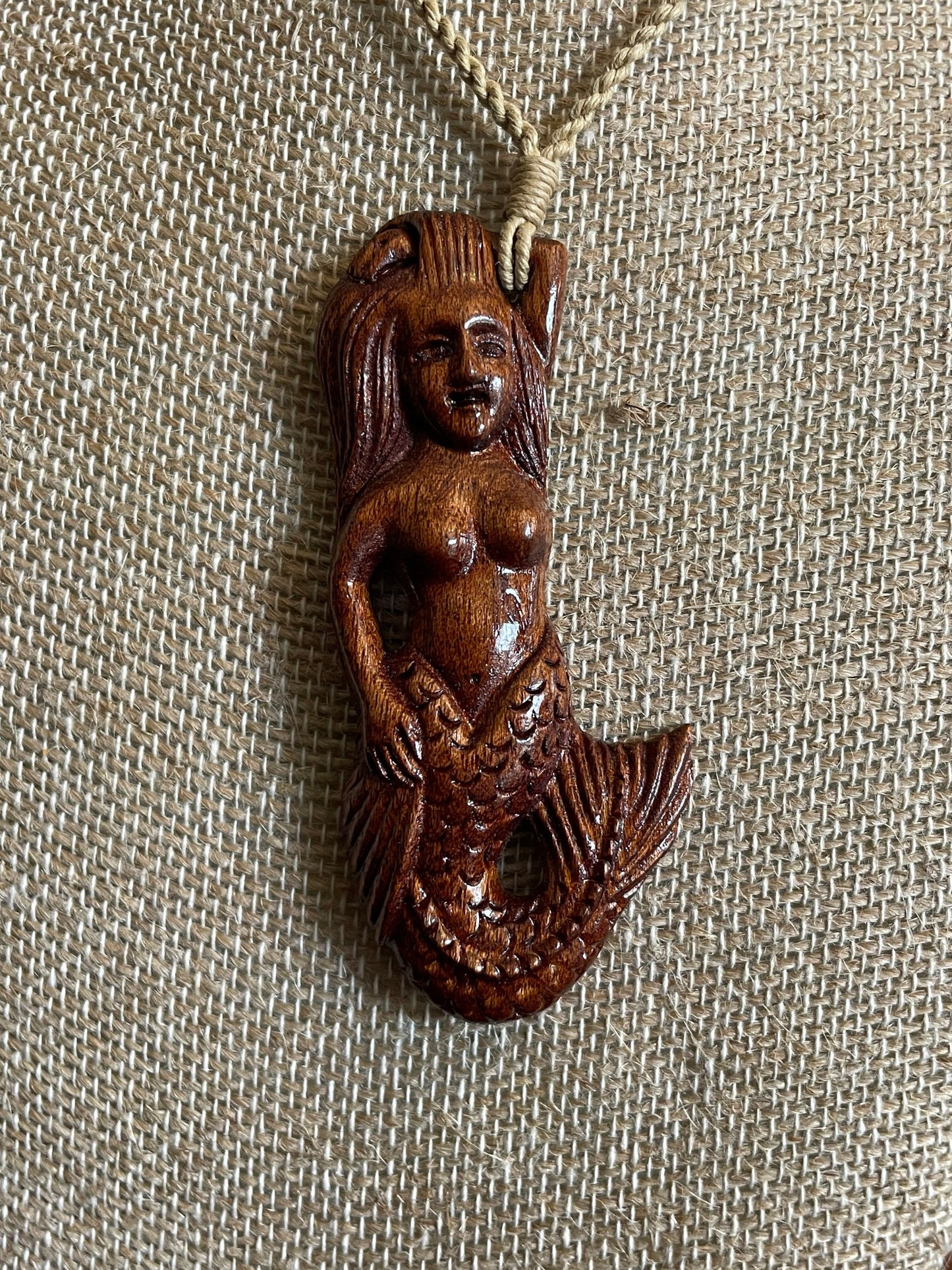 Hand Carved Koa Wood Mermaid Necklace – Adjustable Polynesian Jewelry