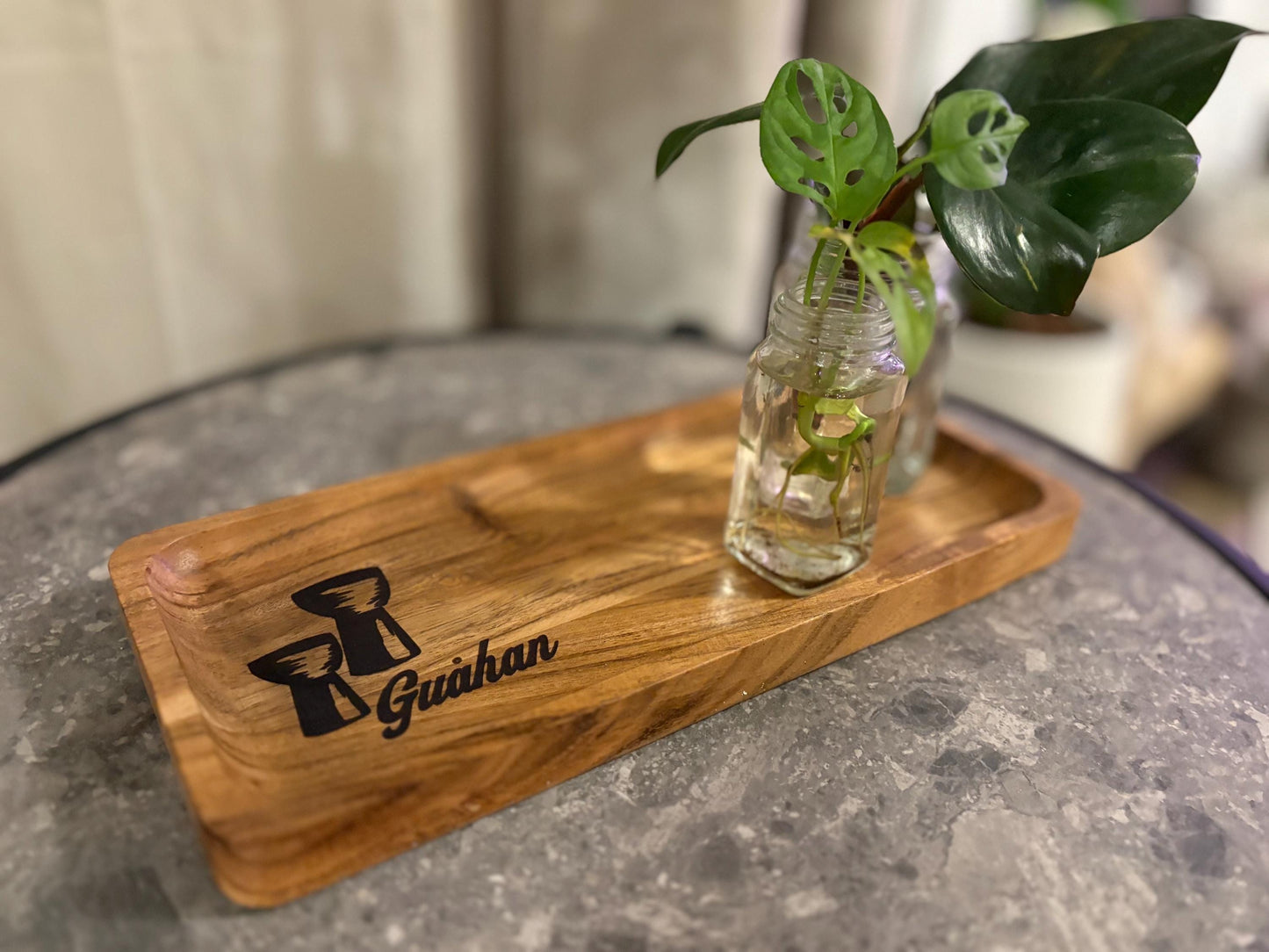 Chamorro Latte Stone Teak Tray: Guahan Engraved Wood Dish