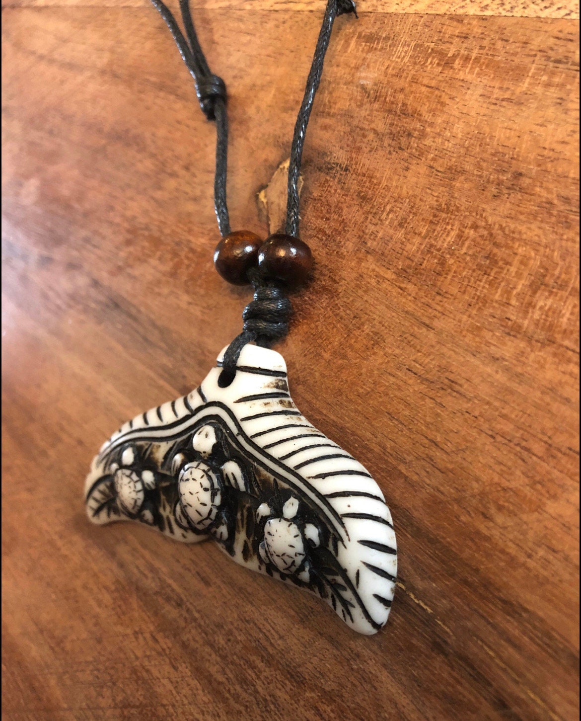 Bone Resin Whale Tail Necklace with Turtles, Adjustable Polynesian Surfer Style