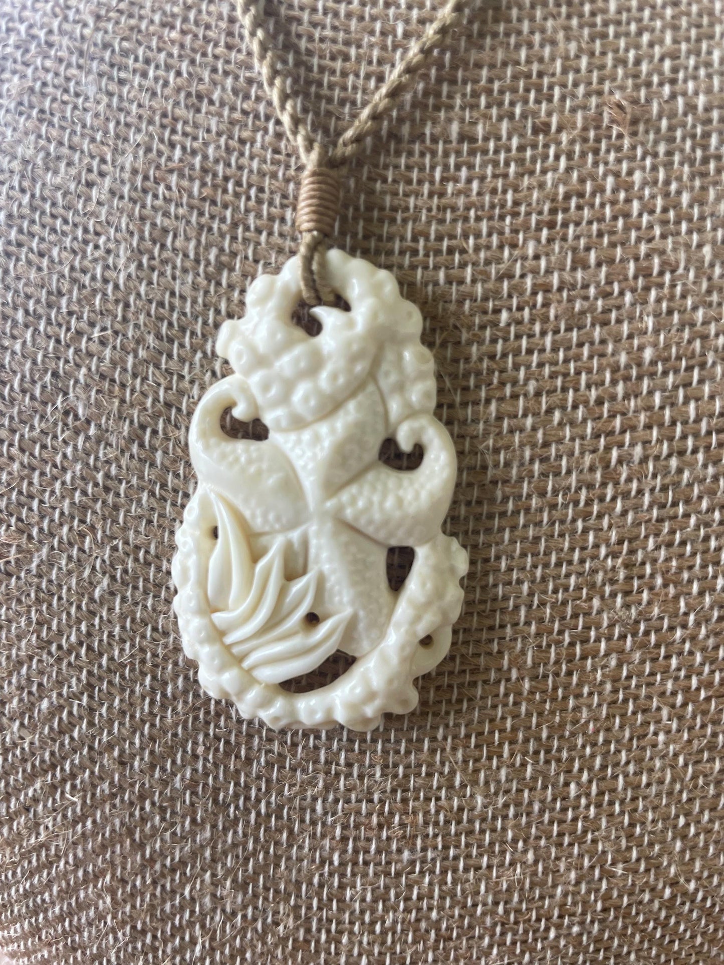 Hand Carved Buffalo Bone Starfish Pendant, Adjustable Surfer Cord