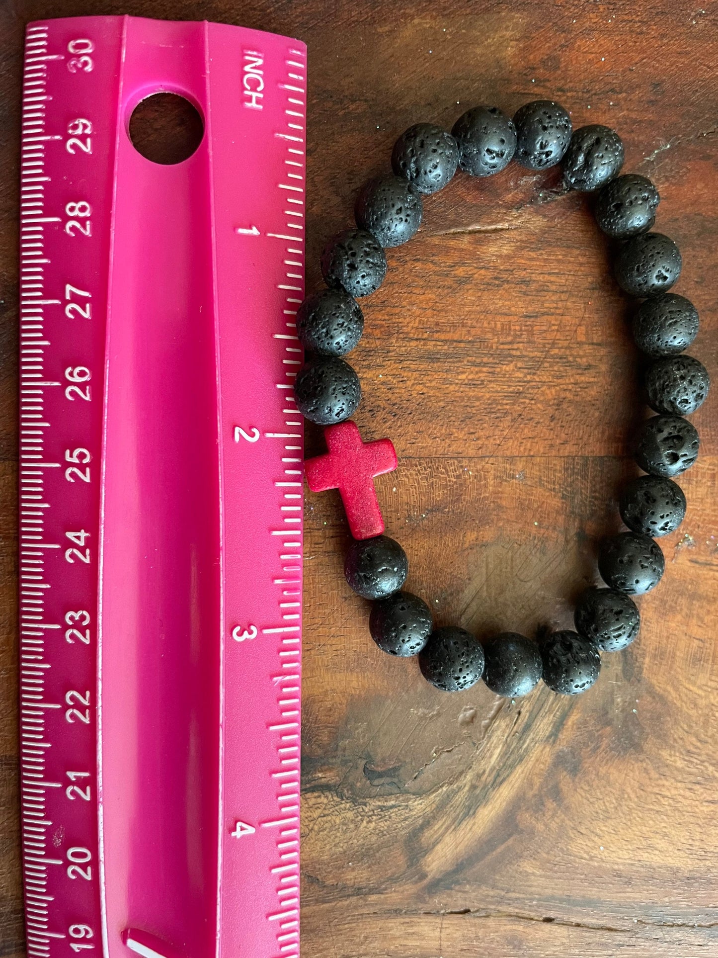 Solid Lava Beaded Elastic Bracelets with Christian Cross Clay Bead