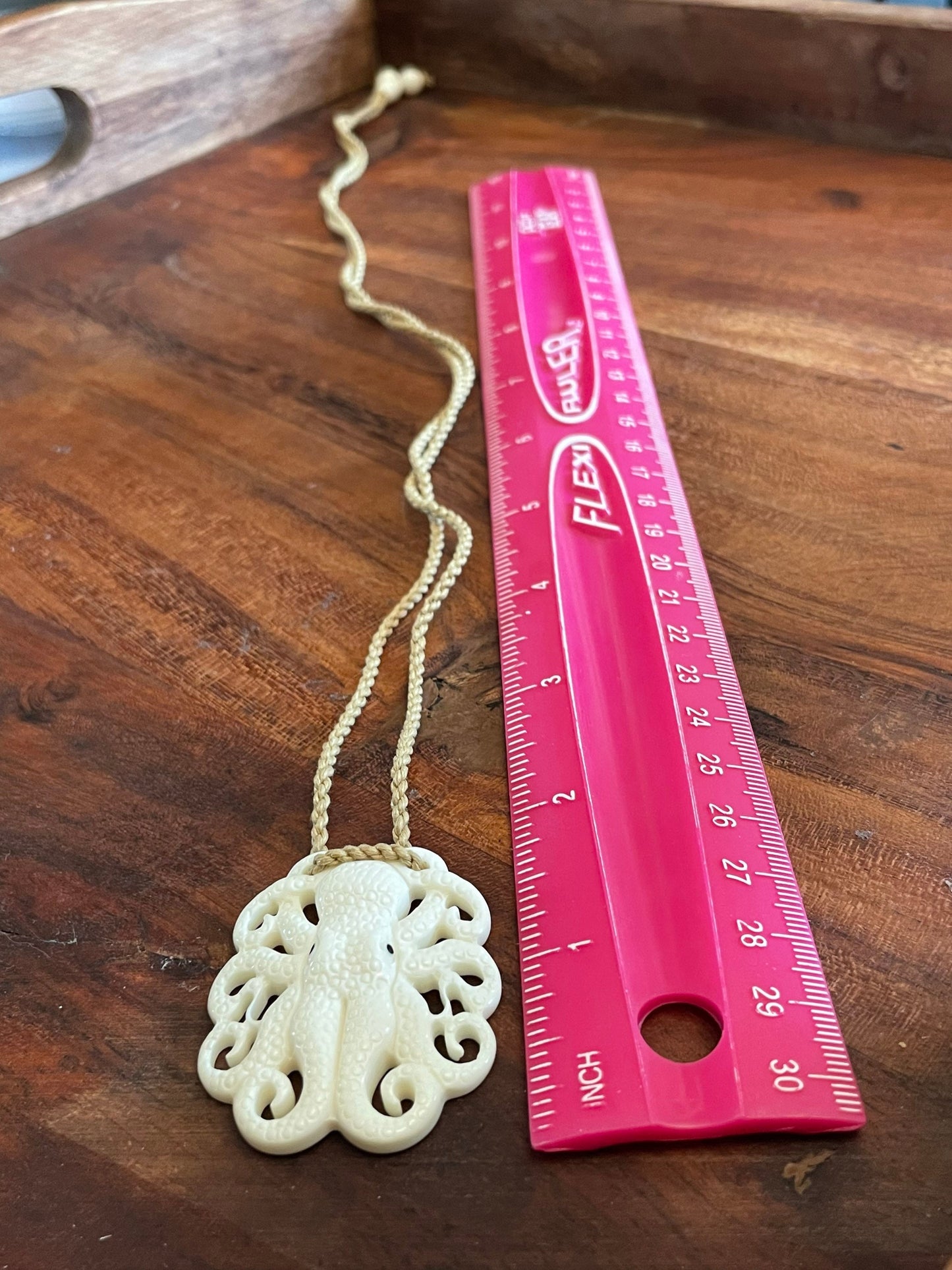 Hand Carved Buffalo Bone Octopus Pendant, Surfer Cord Necklace