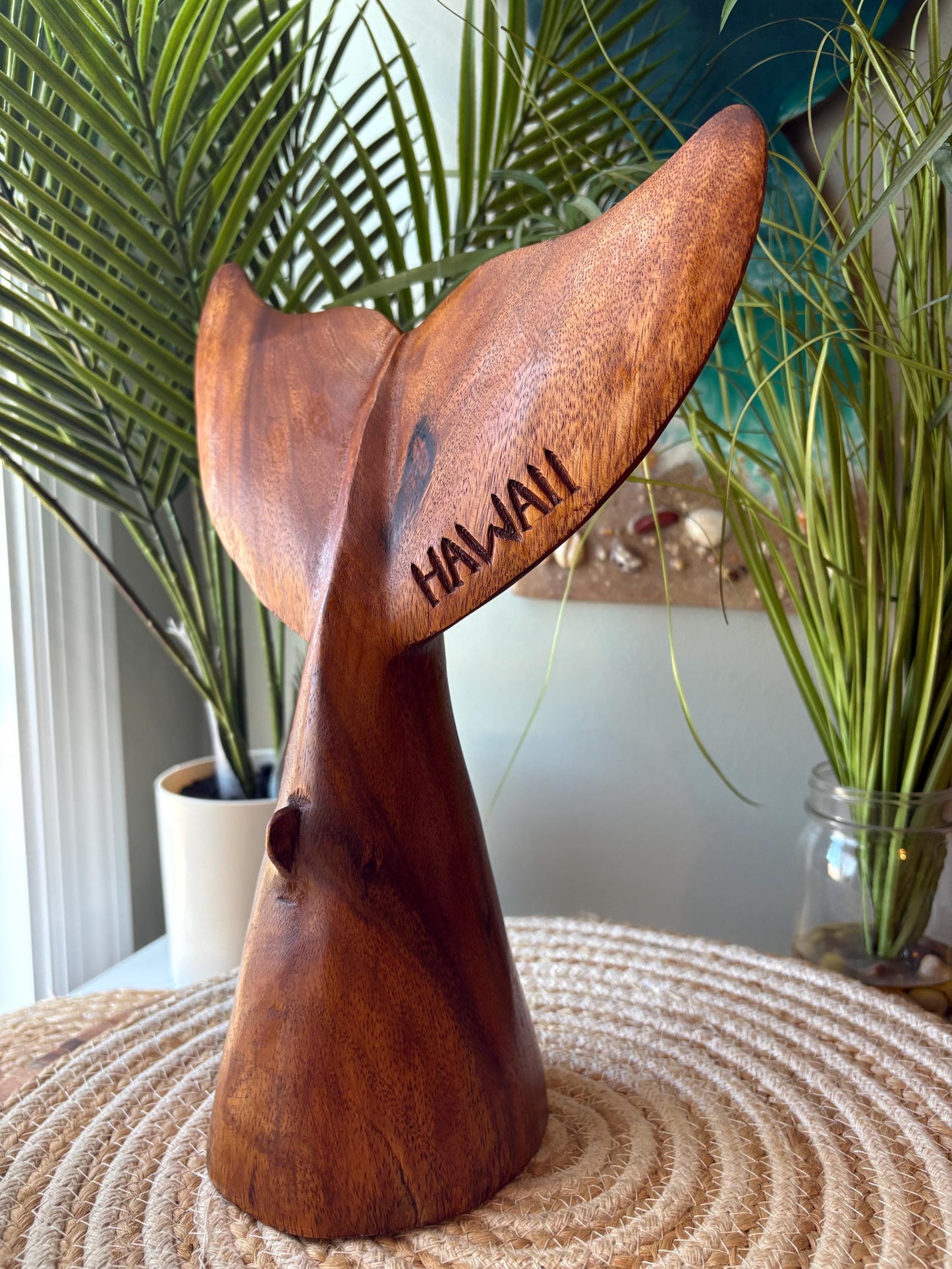 Large Hand-Carved Hibiscus-Wood Whale Tail Sculpture