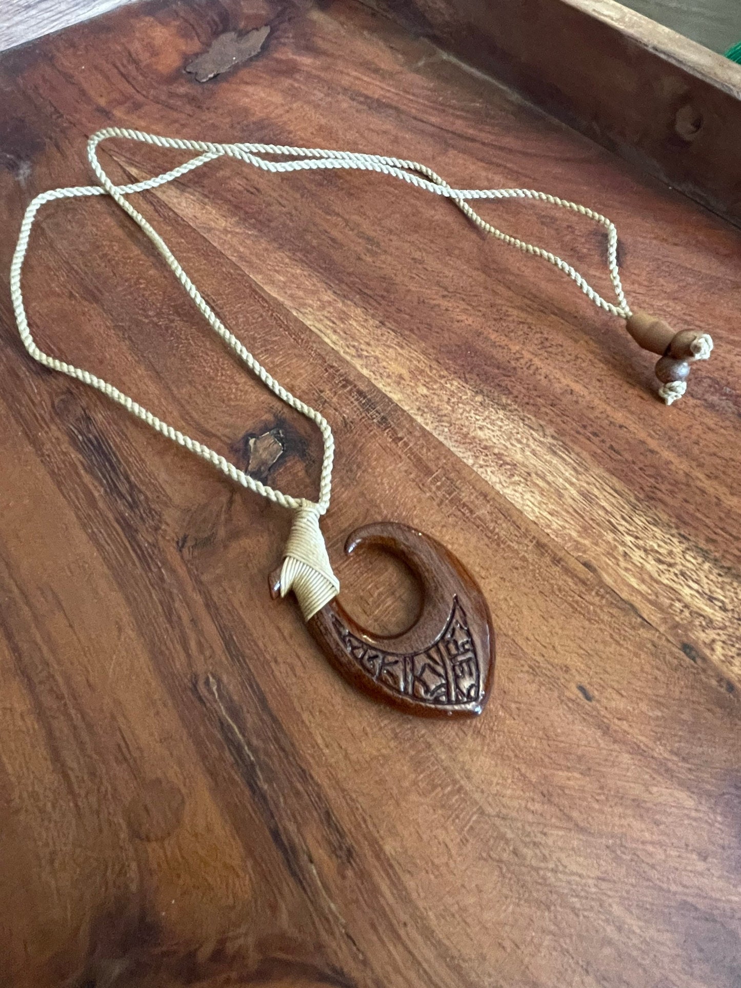 Hand Carved Koa Wood Makau Necklace, Polynesian Engraving