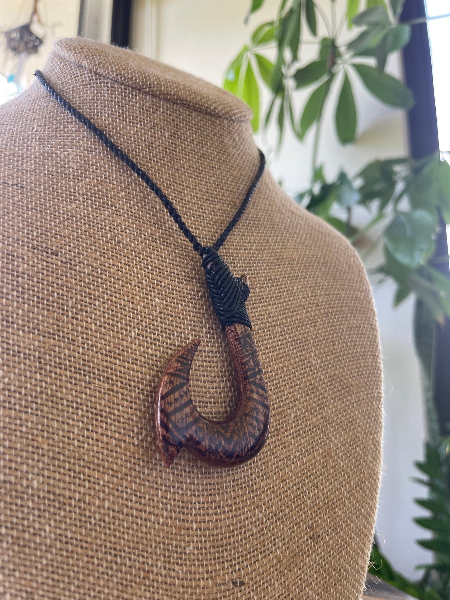 Handsomely Hand Carved Koa Wood Hawaiian Makau (Fish Hook) Necklace with Traditional Polynesian Designs. Adjustable Surfer Cord for Anyone