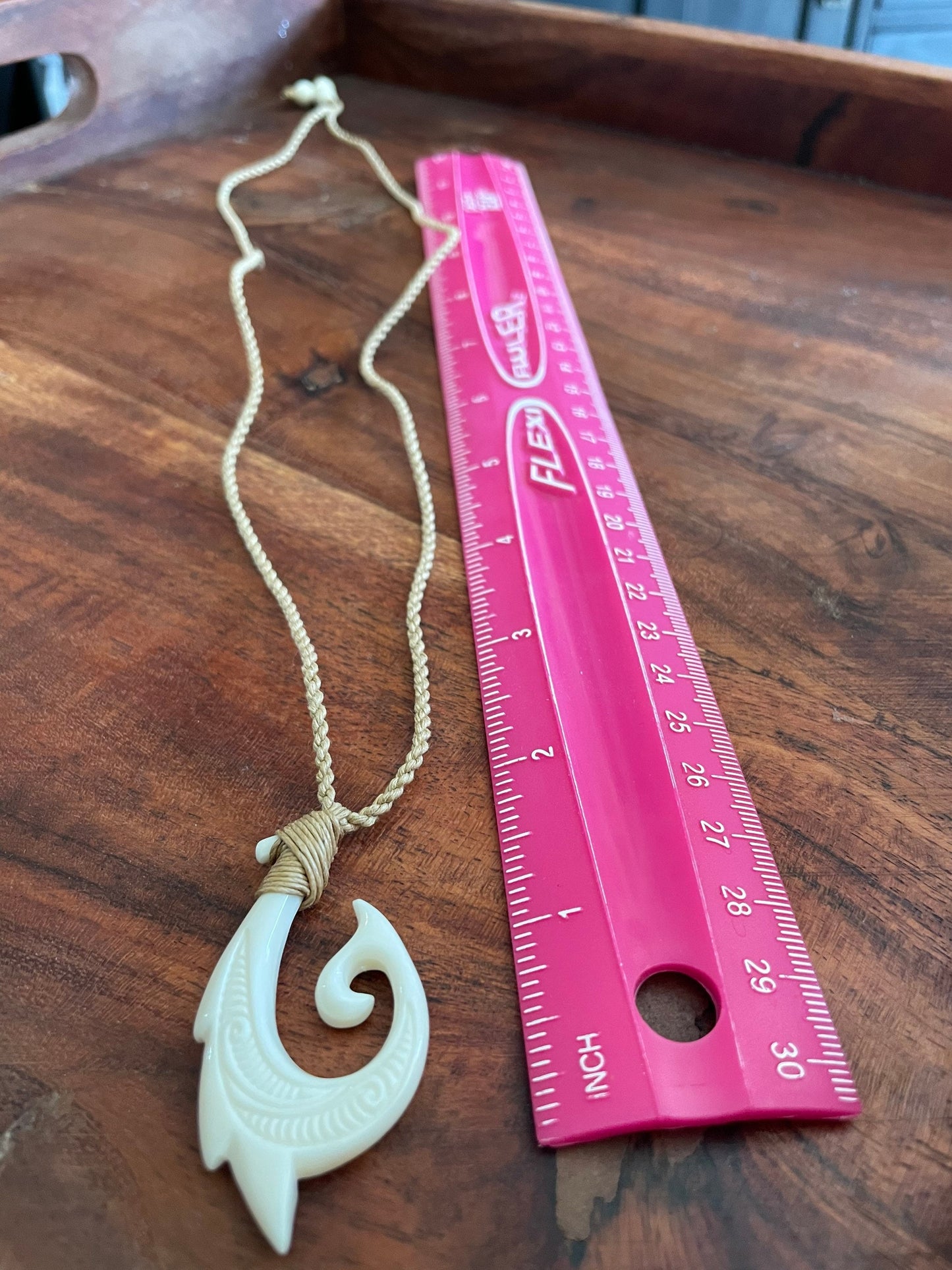 Uniquely Handcarved Solid Buffalo Bone Hei Makau Fish Hook with Koru